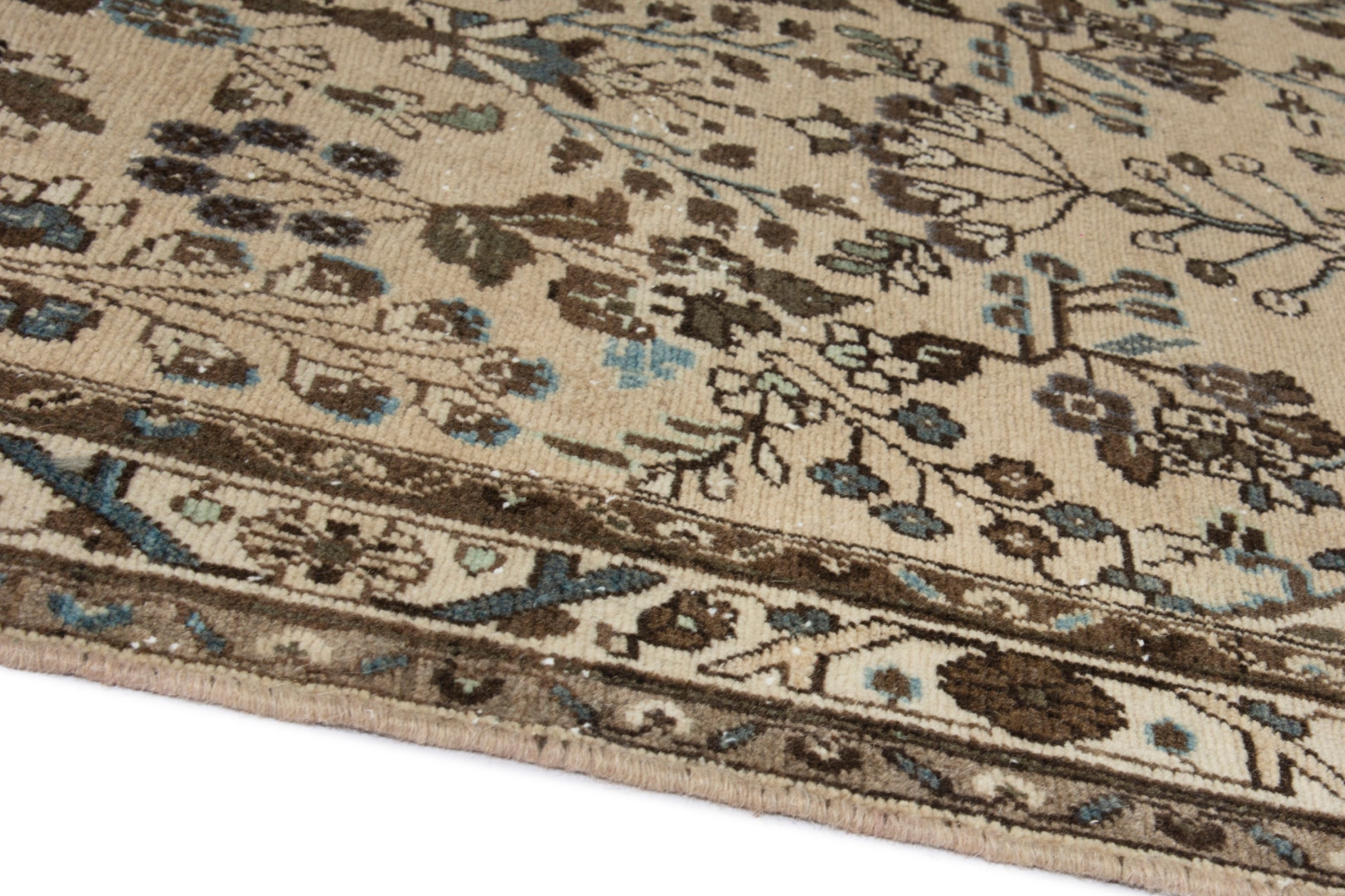 Persian Hamedan runner rug in cream and brown, view 9 of 18