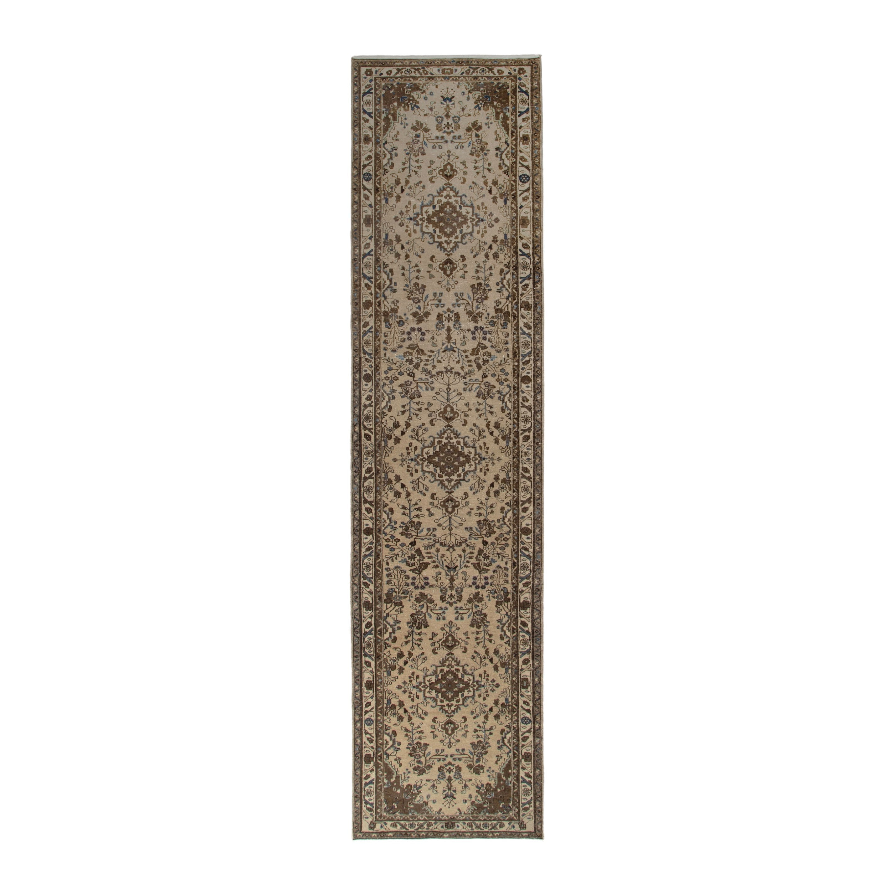 Persian Hamedan runner rug in cream and brown, 3'7" x 17'2"