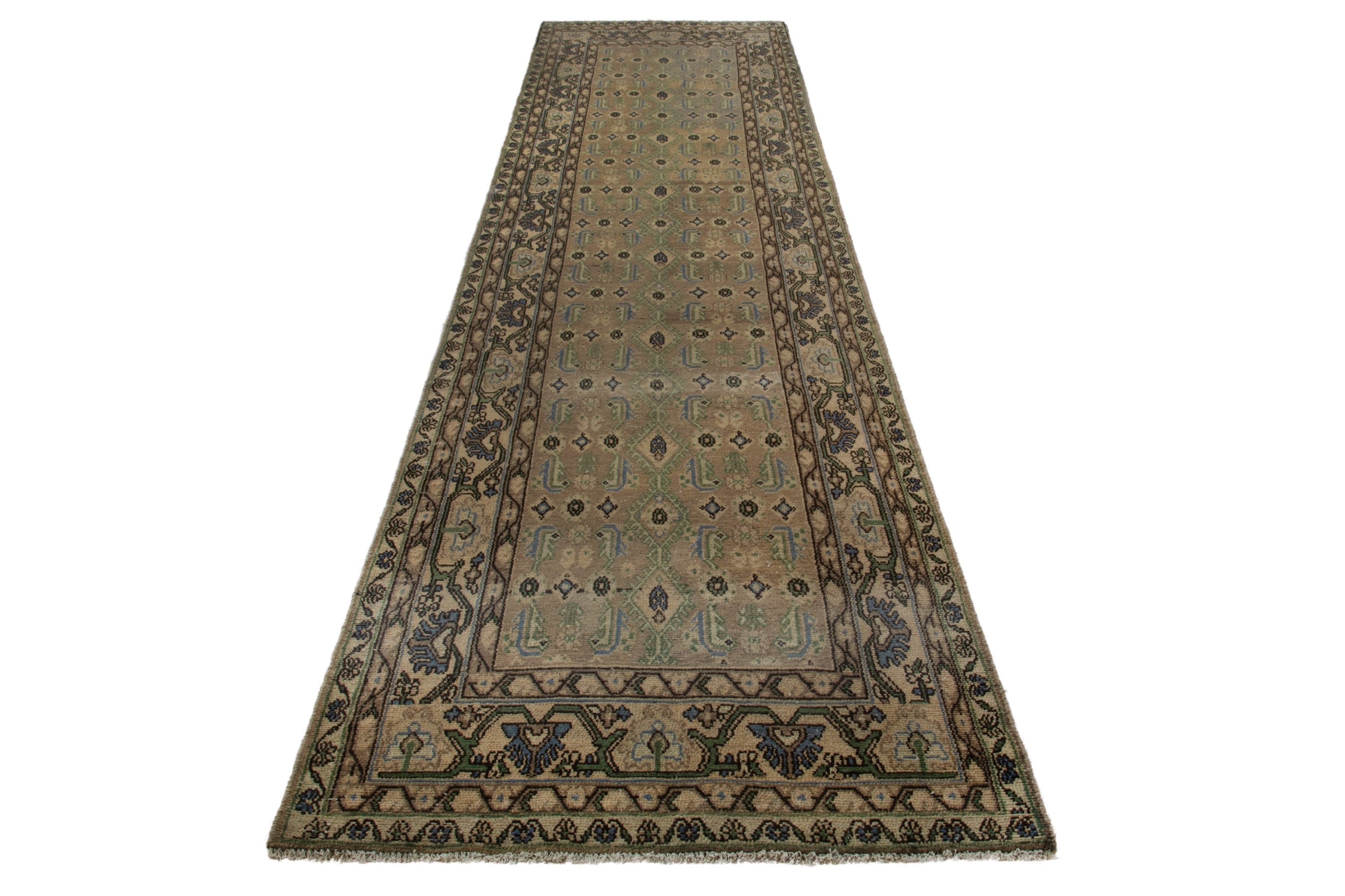 Persian Borujerd runner rug in sage and olive, view 3 of 17