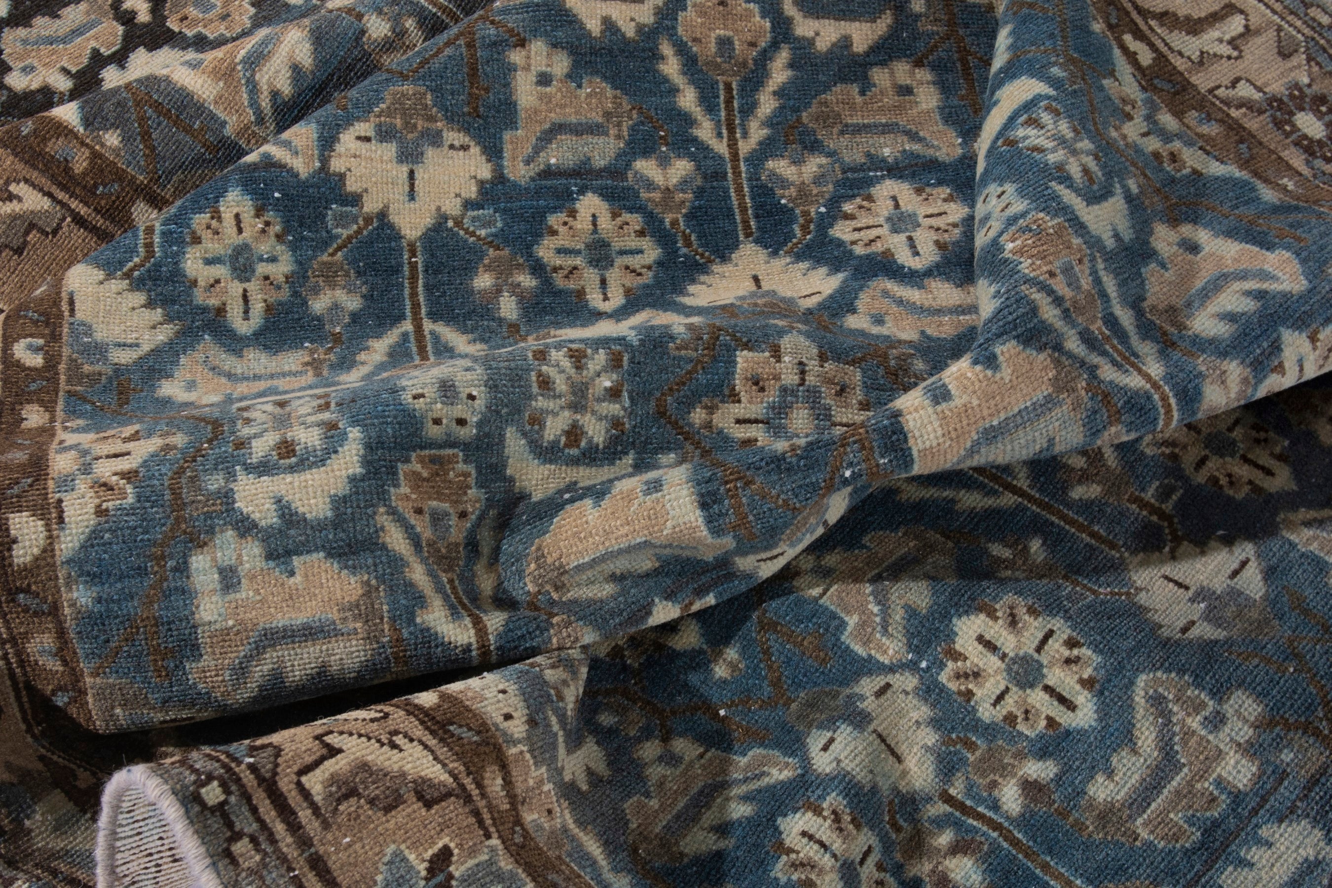 Persian Malayer runner rug in dark blue and antique gold, view 19 of 21