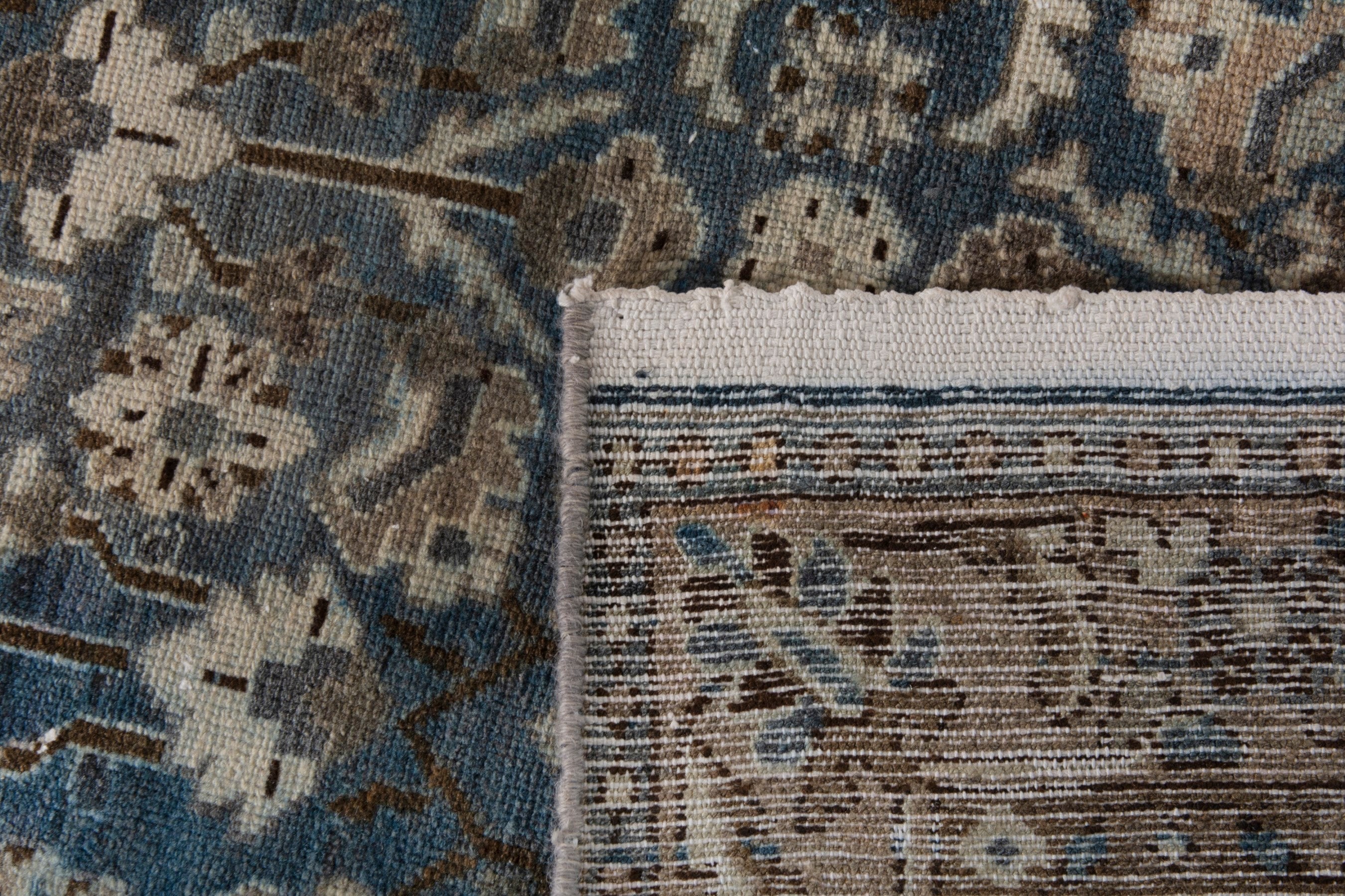 Persian Malayer runner rug in dark blue and antique gold, view 21 of 21
