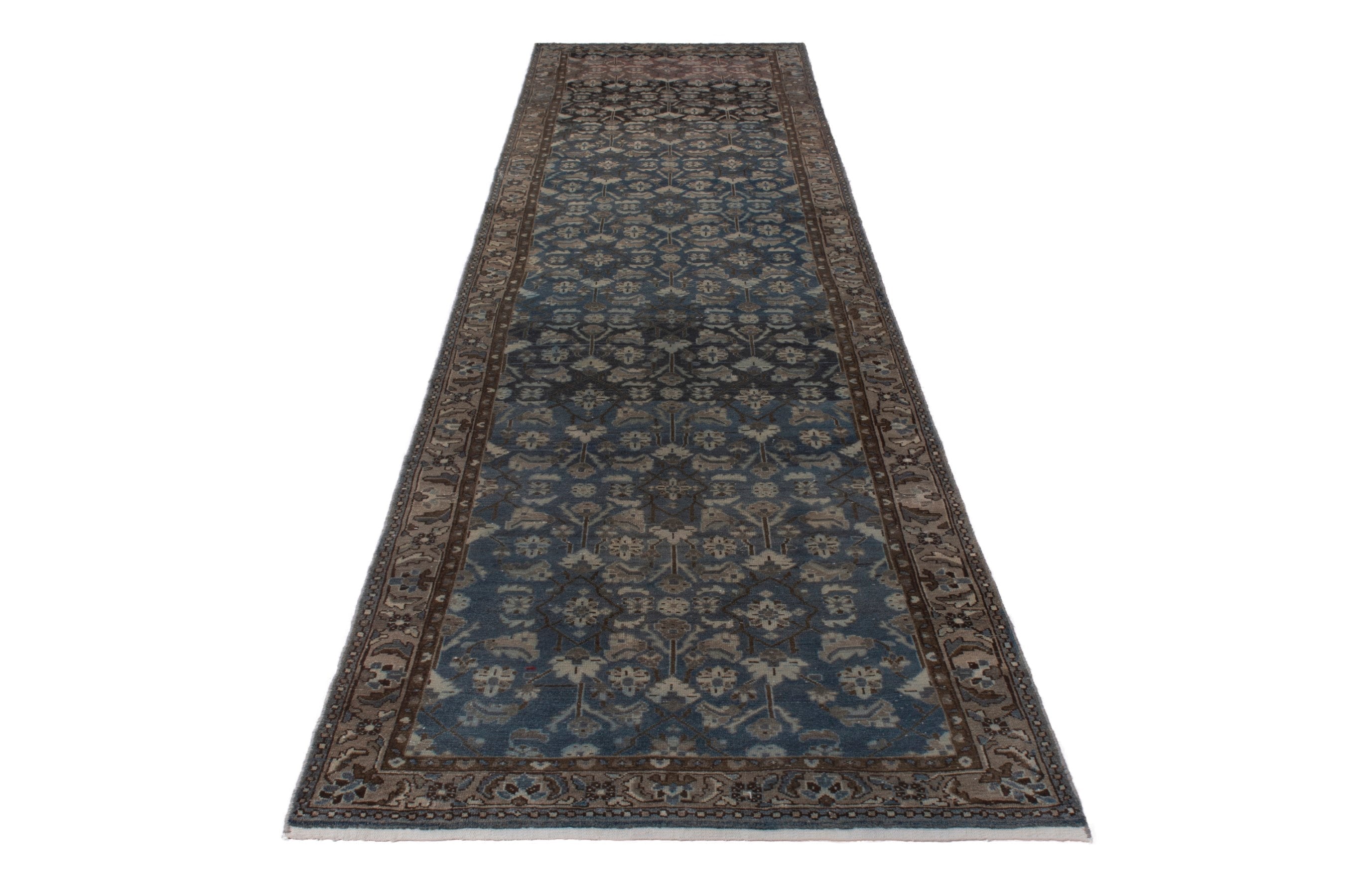 Persian Malayer runner rug in dark blue and antique gold, view 2 of 21