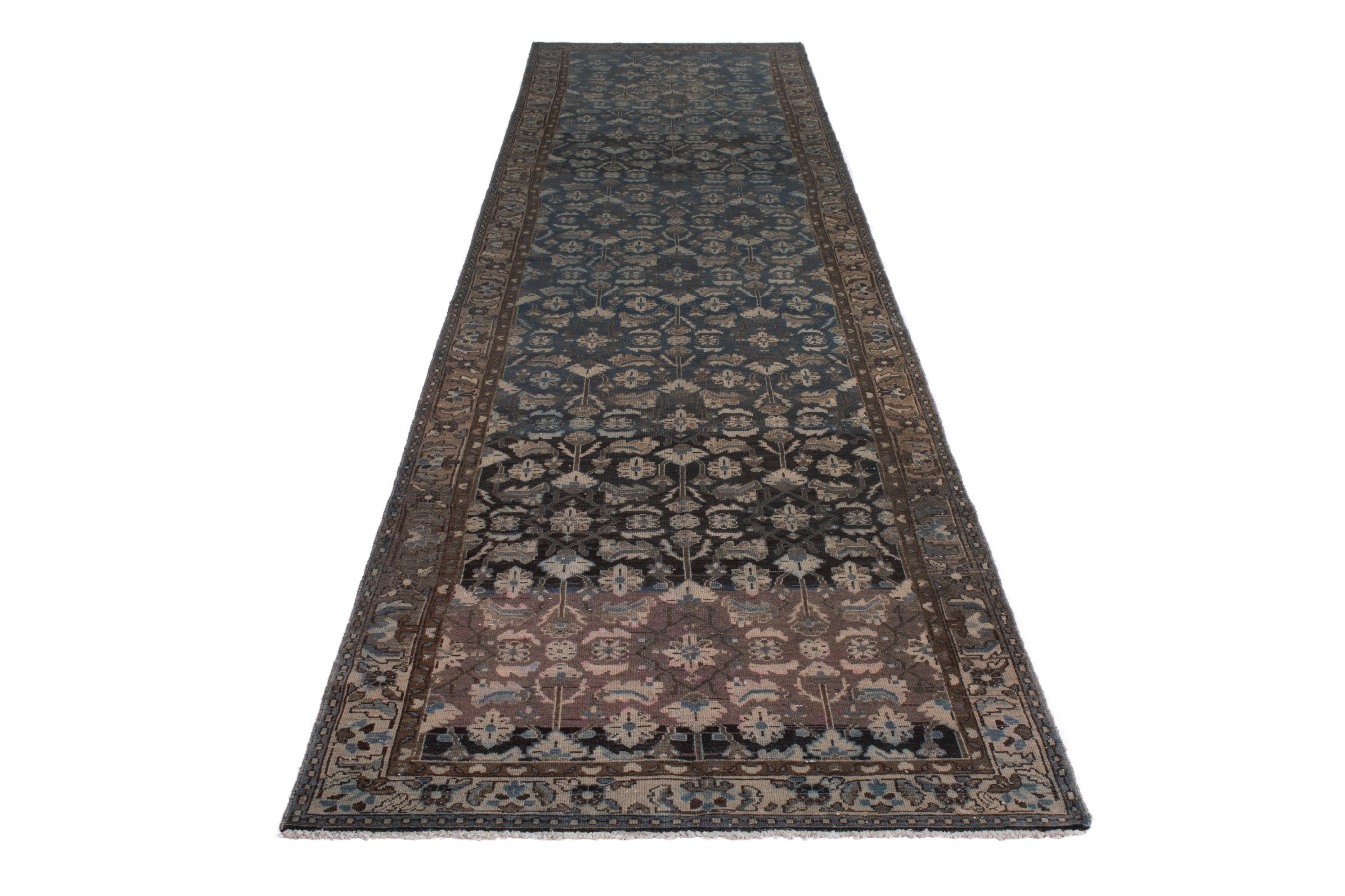 Persian Malayer runner rug in dark blue and antique gold, view 3 of 21