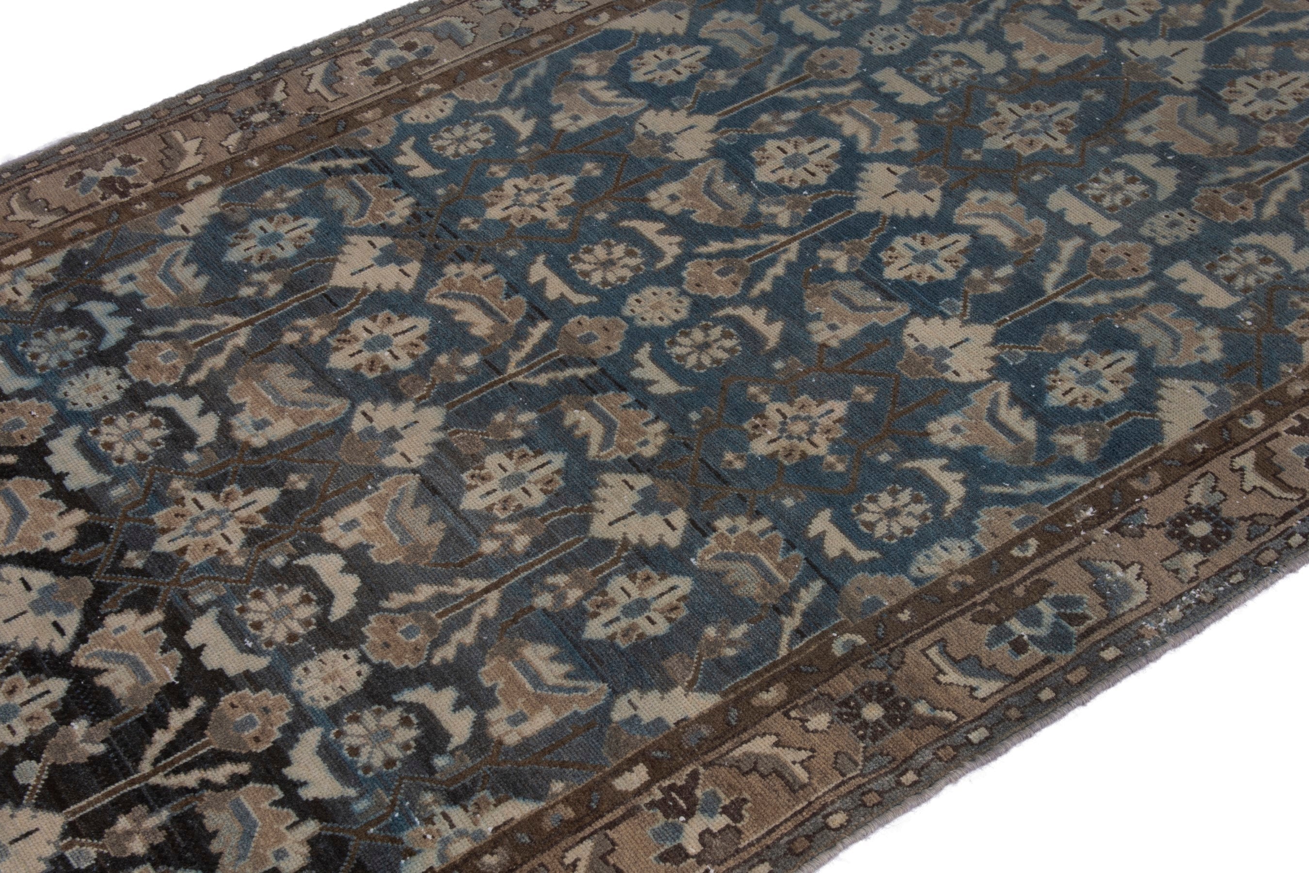 Persian Malayer runner rug in dark blue and antique gold, view 6 of 21