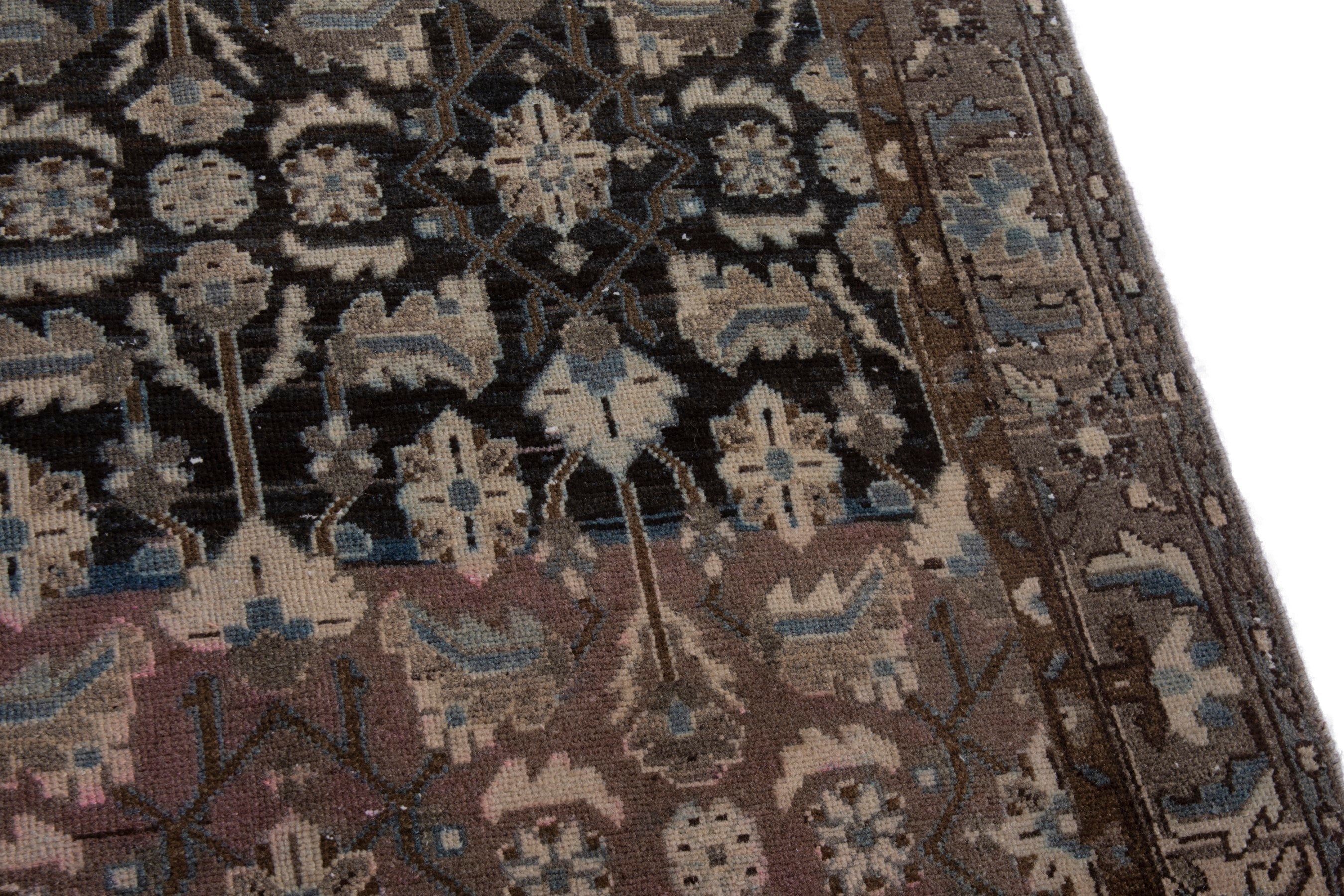 Persian Malayer runner rug in dark blue and antique gold, view 7 of 21