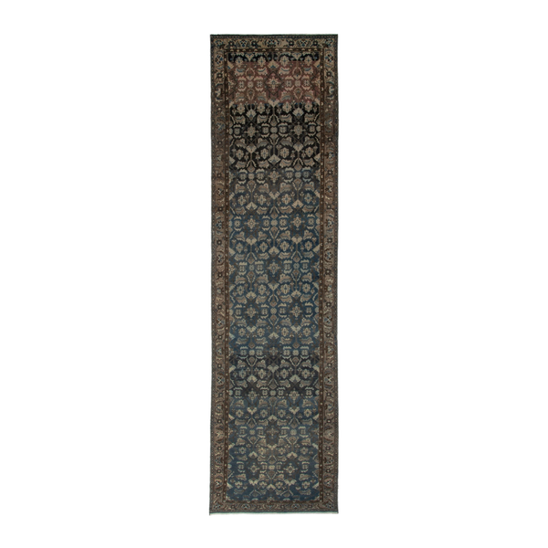 Persian Malayer runner rug in dark blue and antique gold, 3'11" x 16'8"