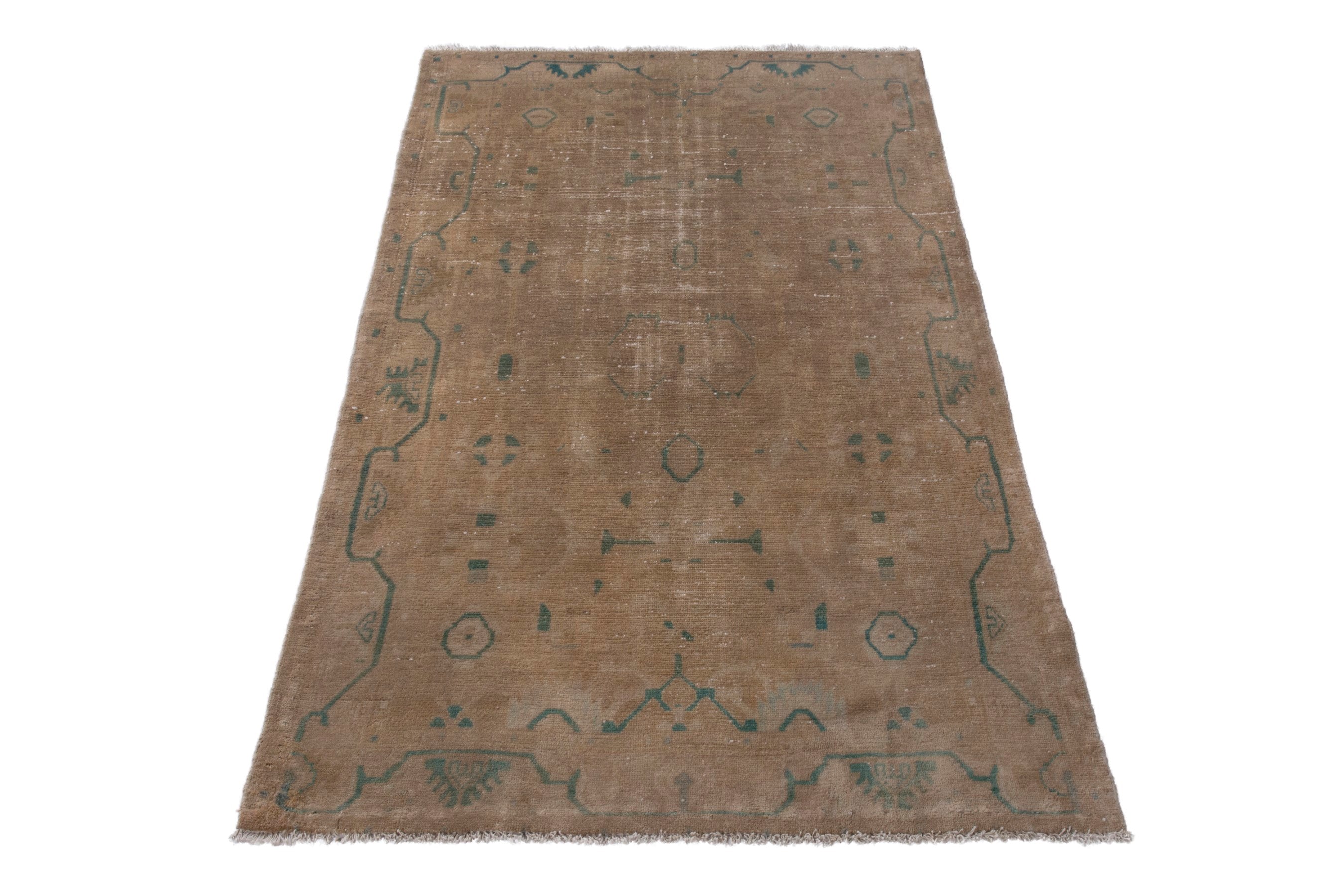 Persian Borujerd area rug in tan and teal, view 3 of 18