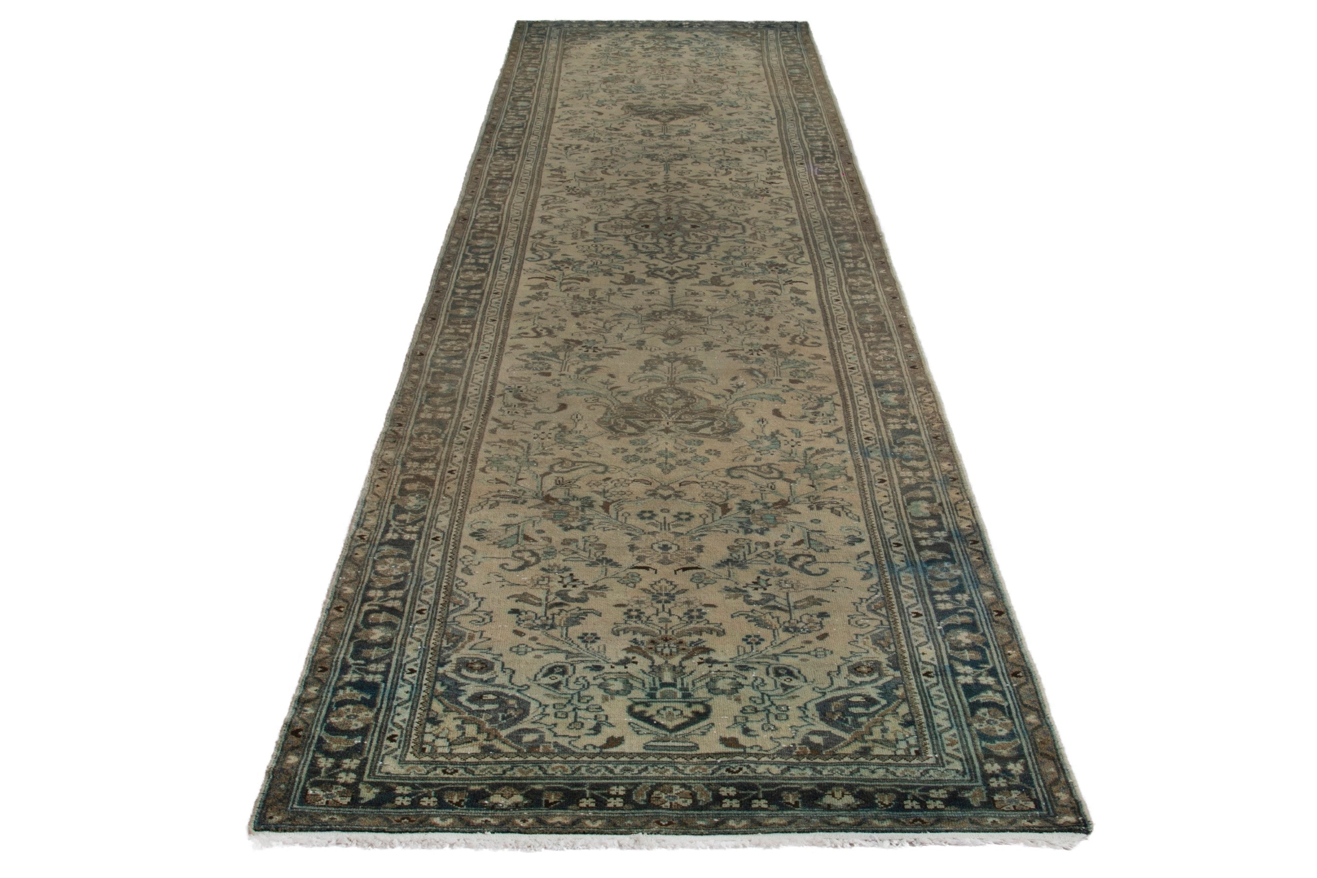 Persian Hamedan runner rug in cream and sage, view 2 of 18
