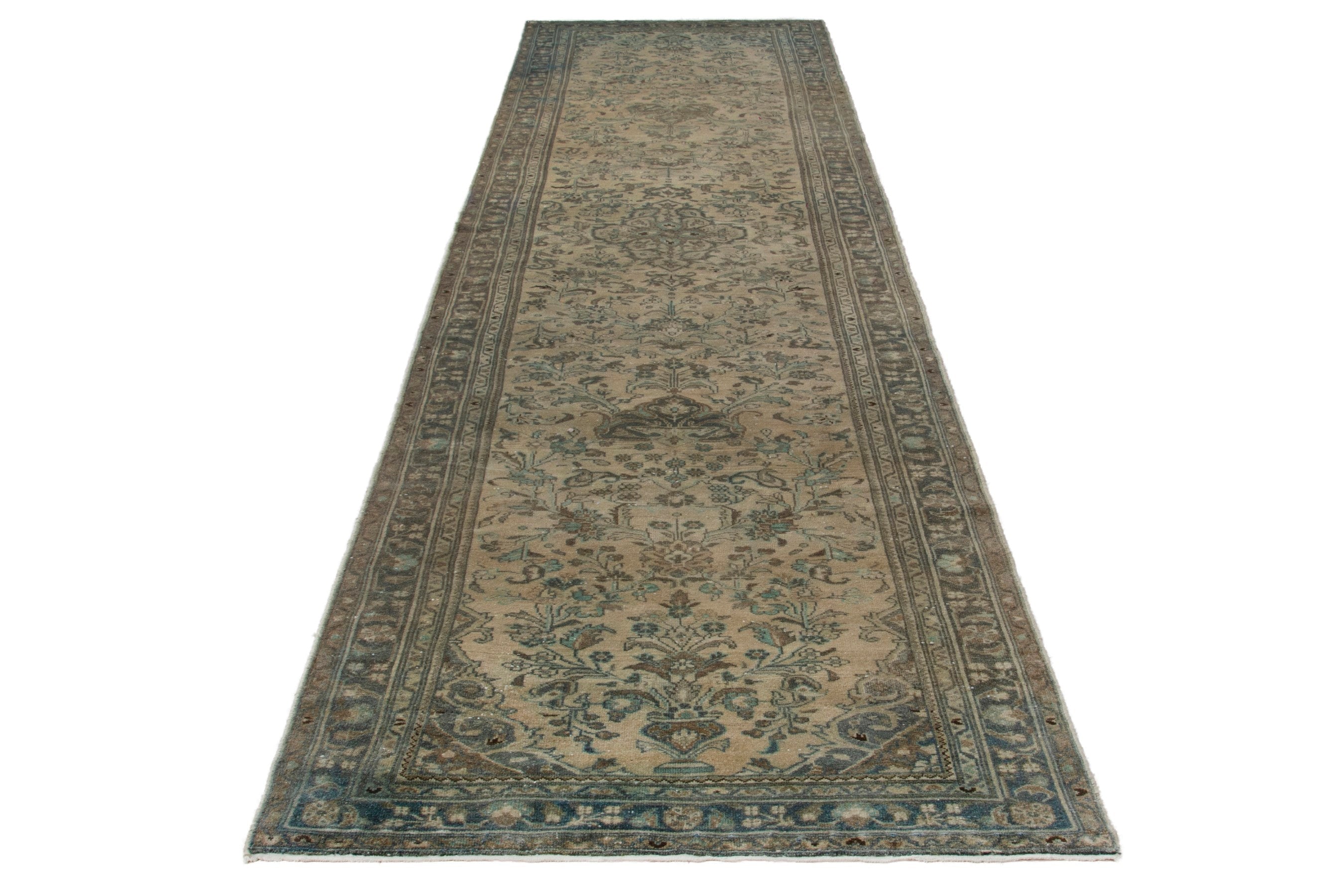 Persian Hamedan runner rug in cream and sage, view 3 of 18