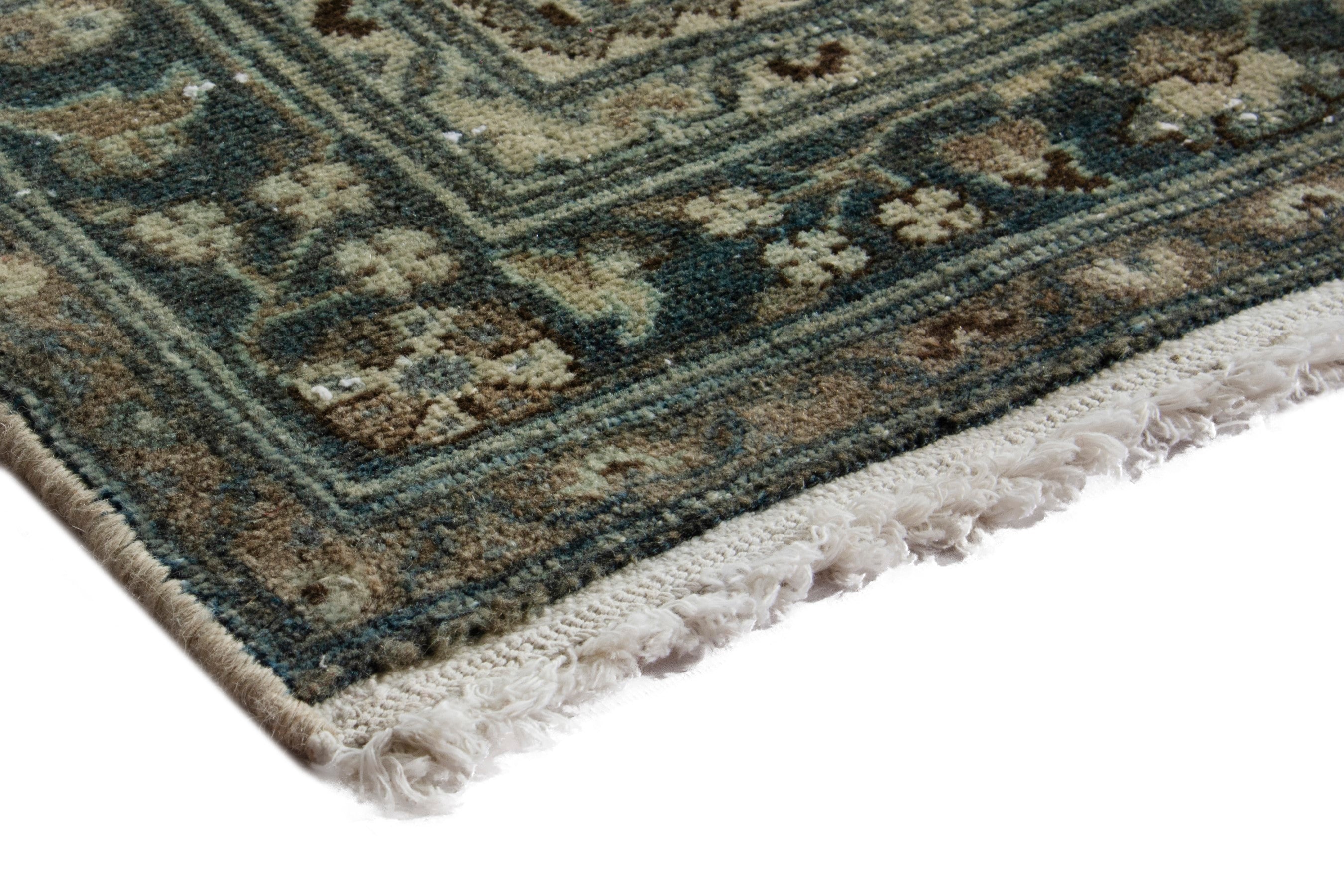 Persian Hamedan runner rug in cream and sage, view 4 of 18