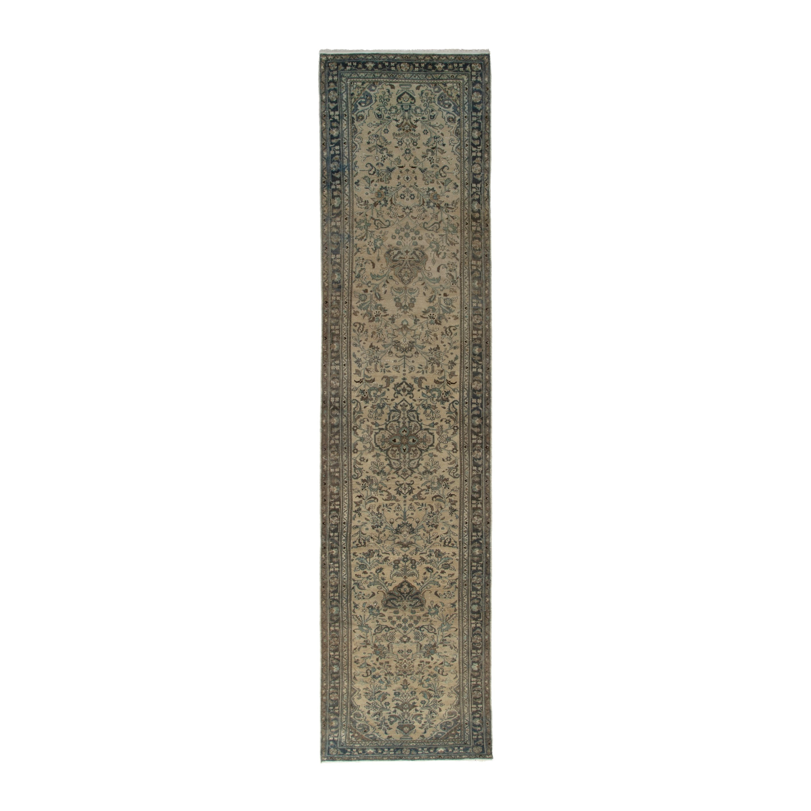 Persian Hamedan runner rug in cream and sage, 3'9" x 17'5"
