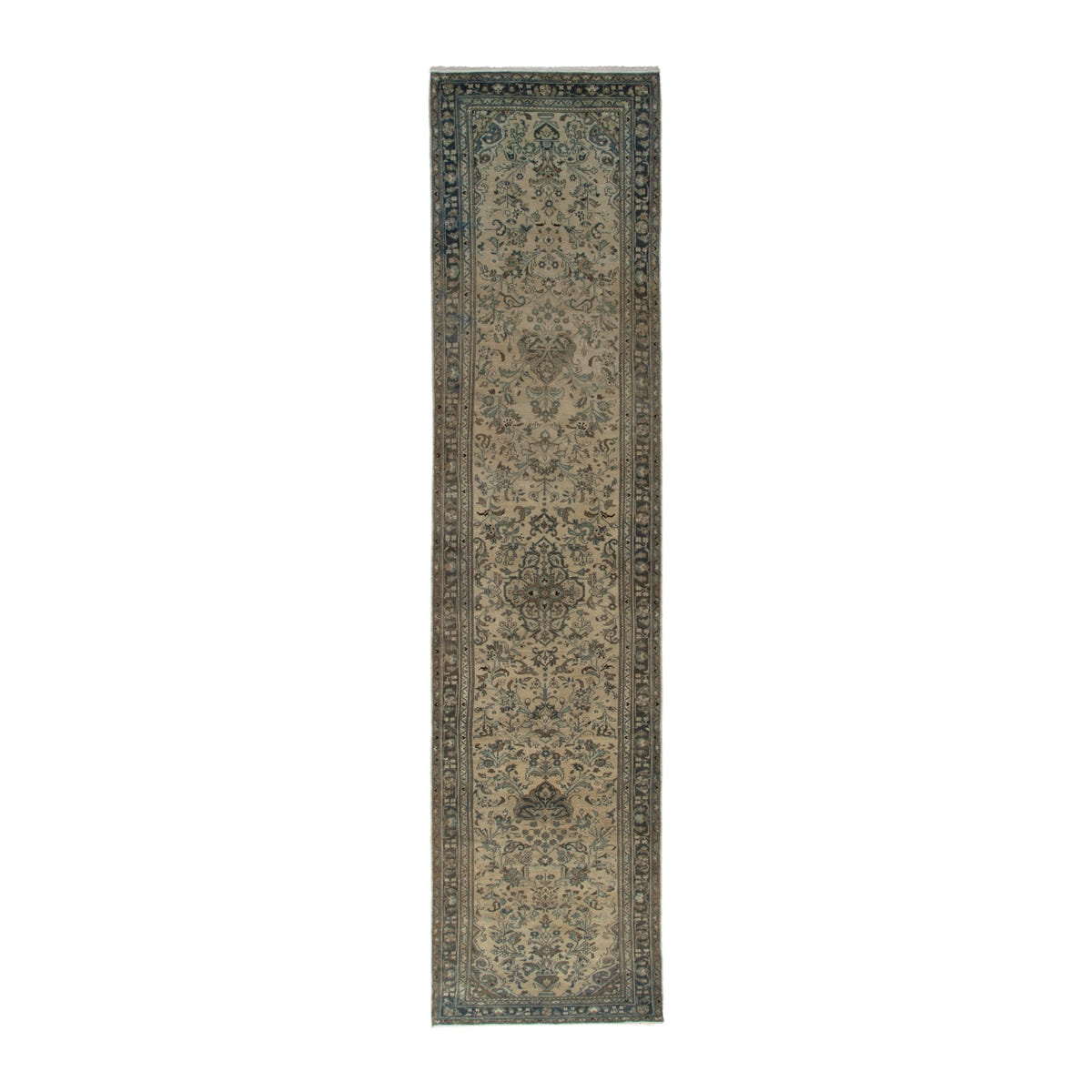Persian Hamedan runner rug in cream and sage, 3'9" x 17'5"