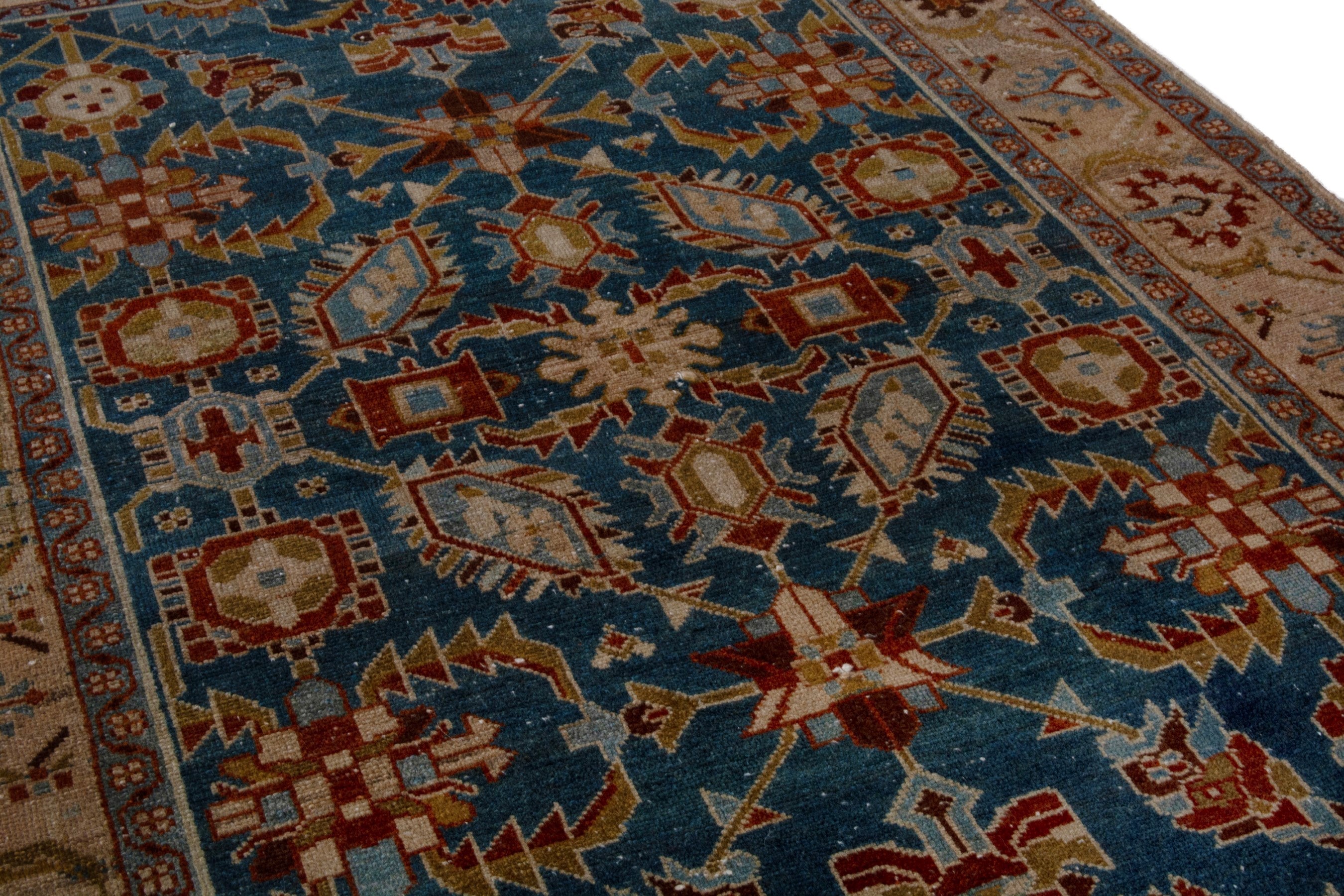 Persian Borujerd area rug in teal and tan, view 10 of 27