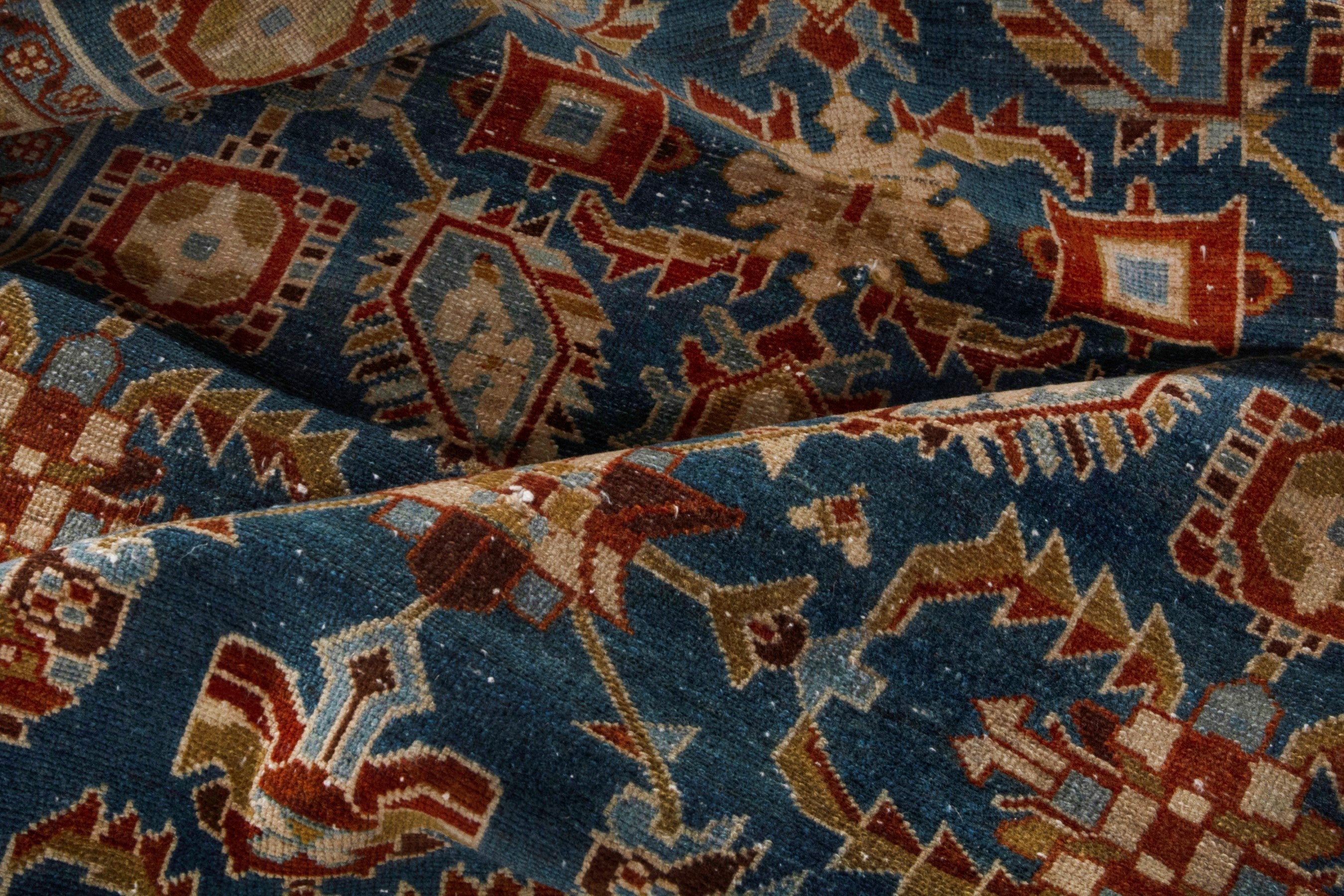 Persian Borujerd area rug in teal and tan, view 24 of 27