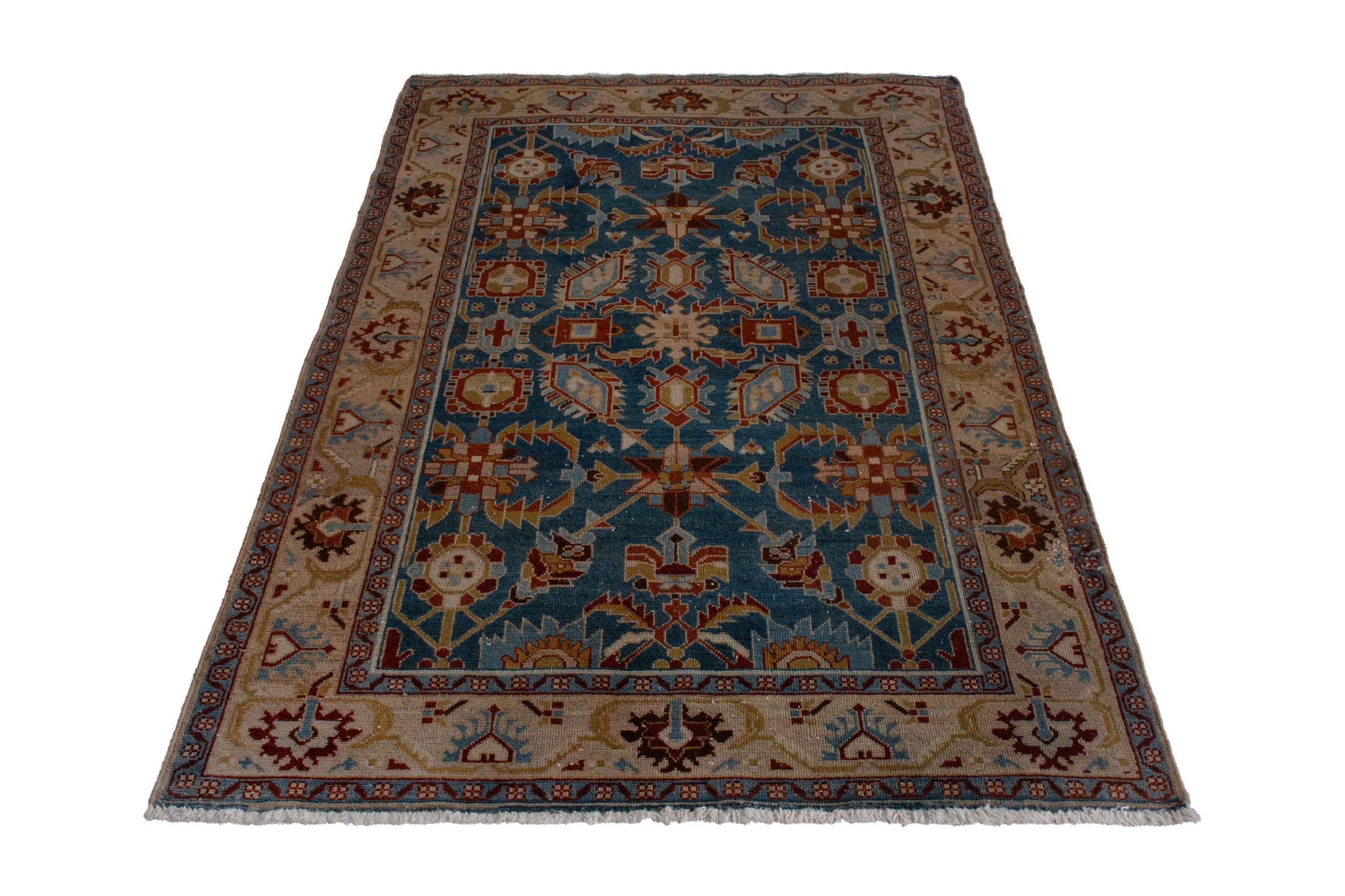 Persian Borujerd area rug in teal and tan, view 2 of 27