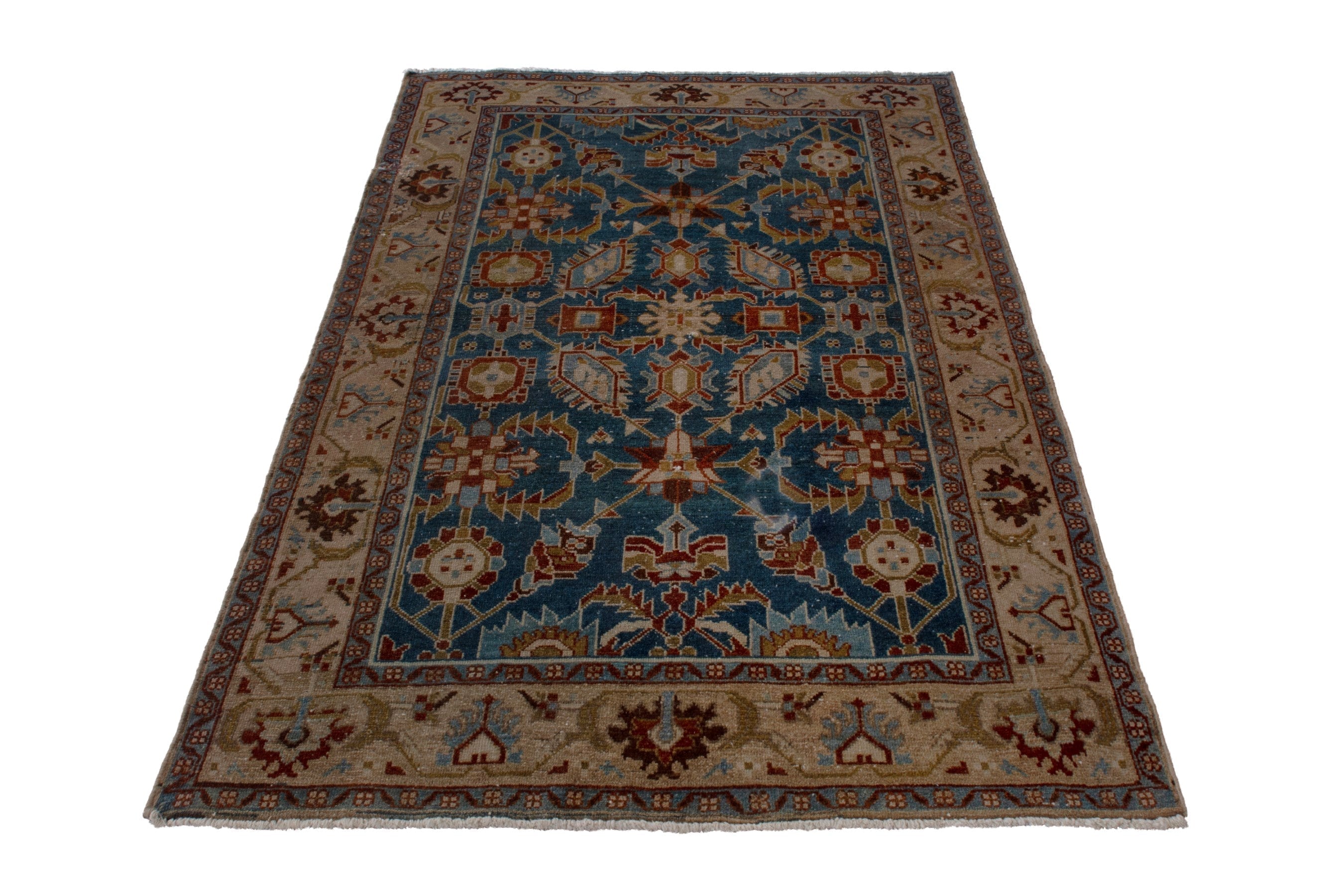 Persian Borujerd area rug in teal and tan, view 3 of 27