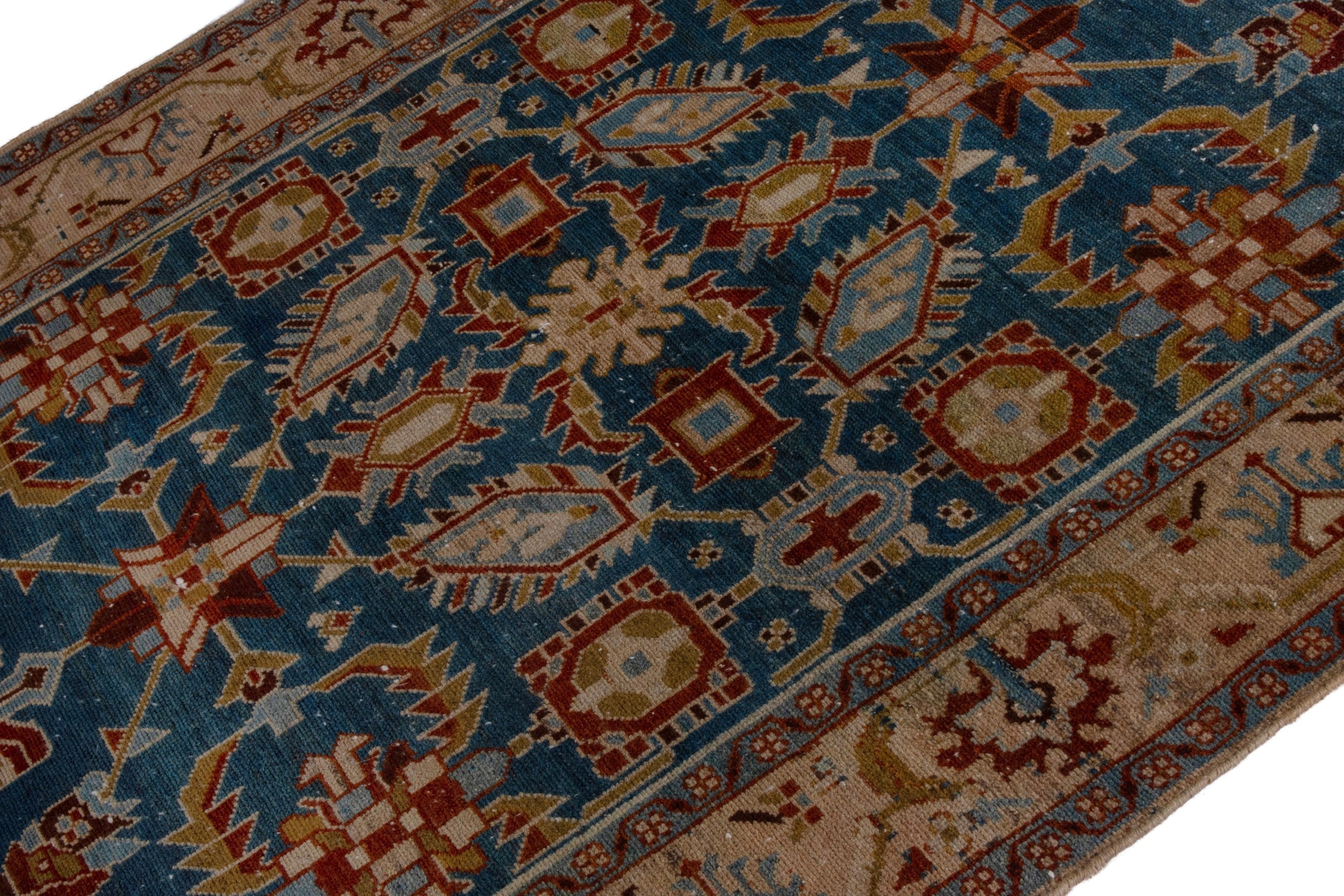 Persian Borujerd area rug in teal and tan, view 6 of 27