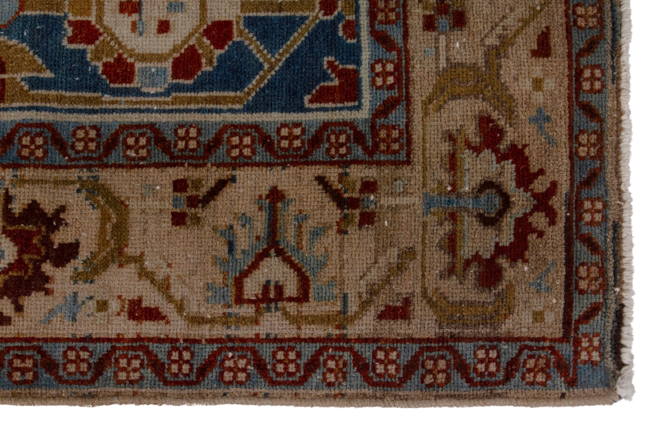 Persian Borujerd area rug in teal and tan, view 5 of 27