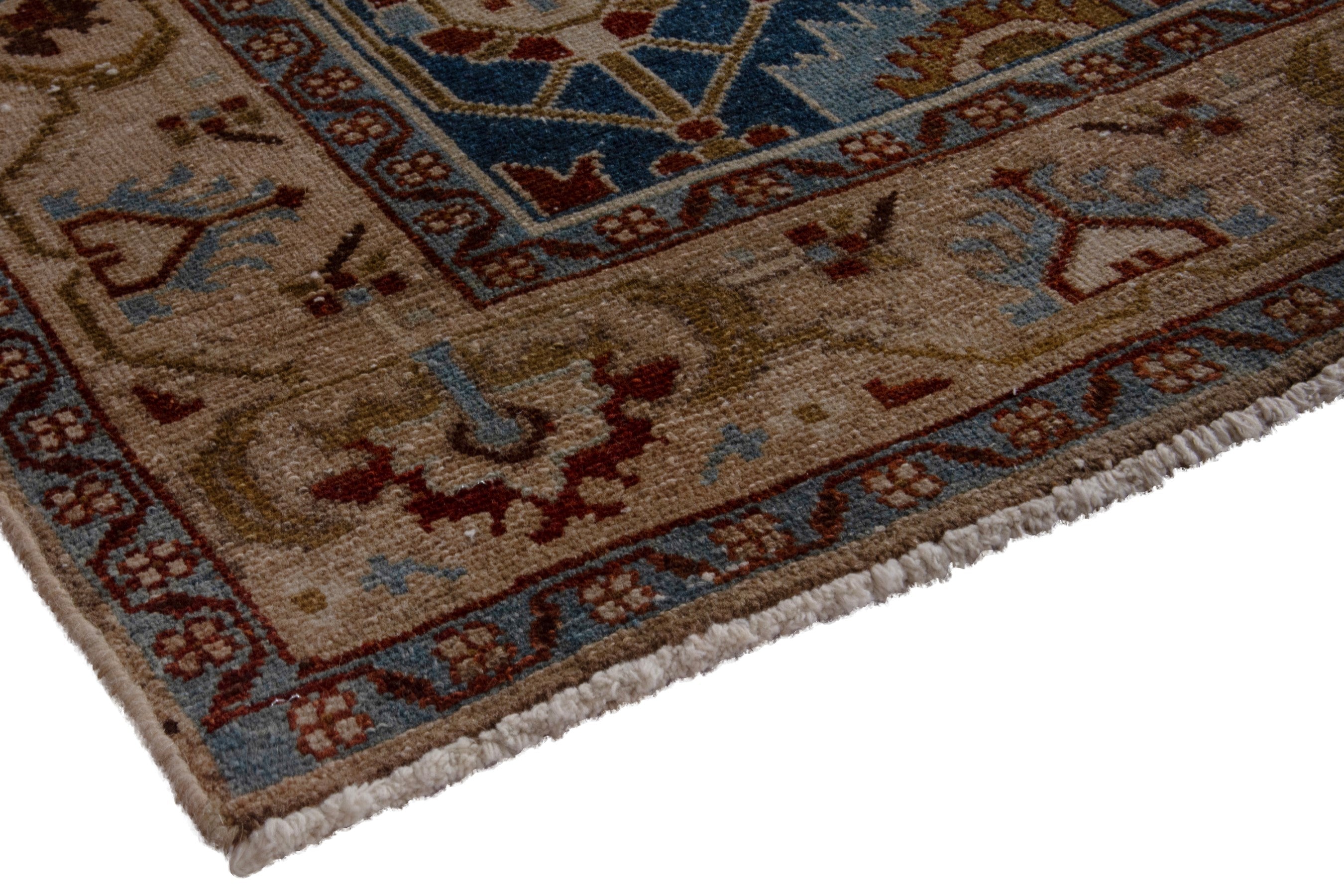 Persian Borujerd area rug in teal and tan, view 4 of 27