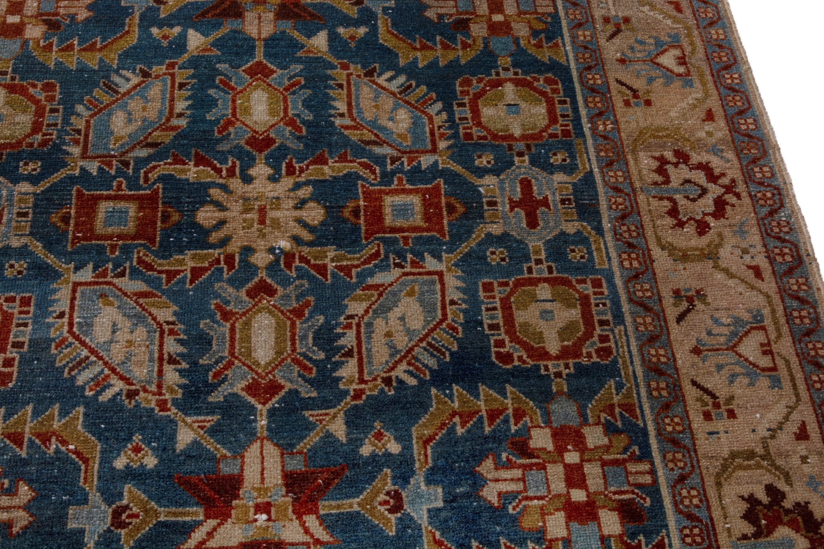 Persian Borujerd area rug in teal and tan, view 7 of 27