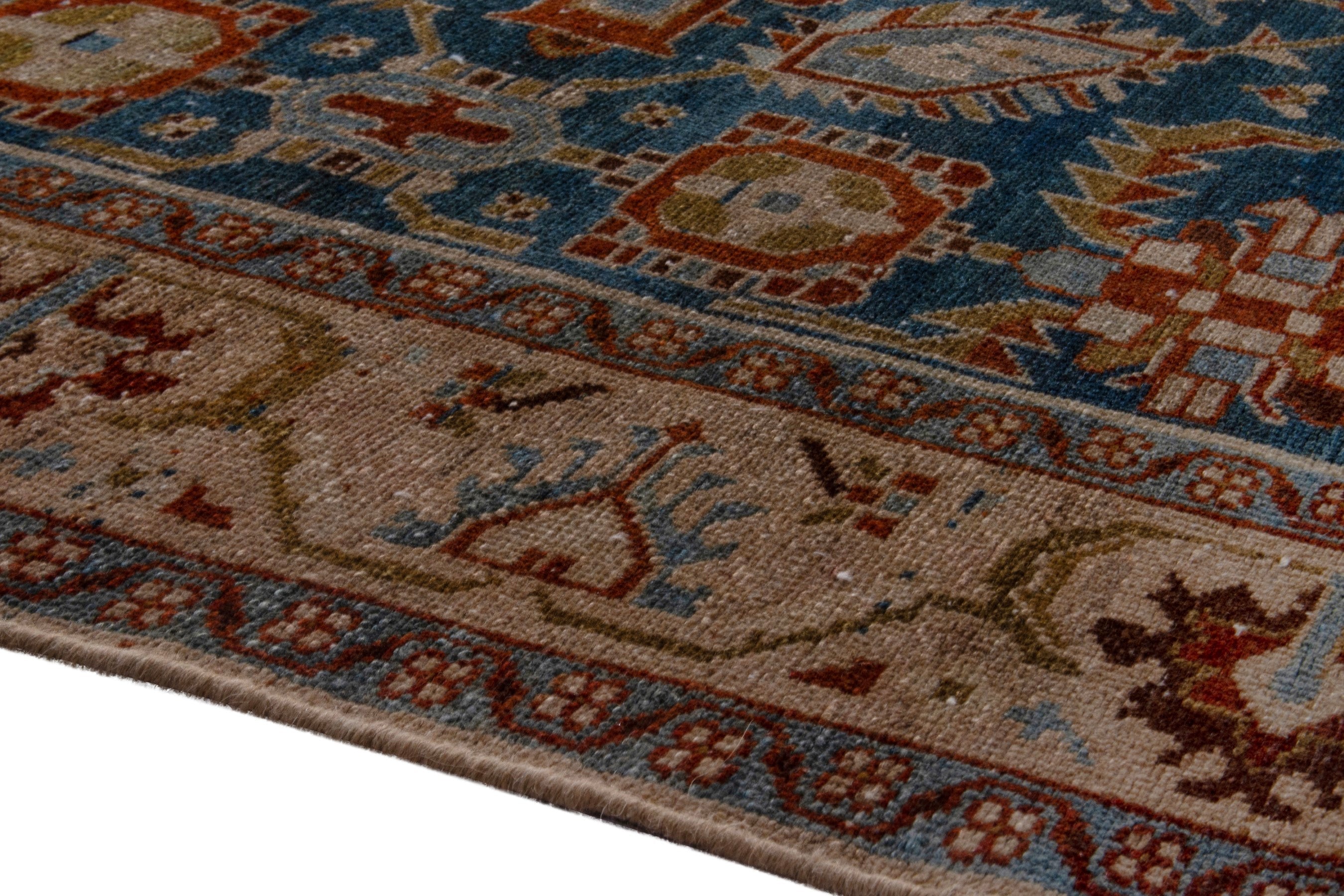 Persian Borujerd area rug in teal and tan, view 8 of 27