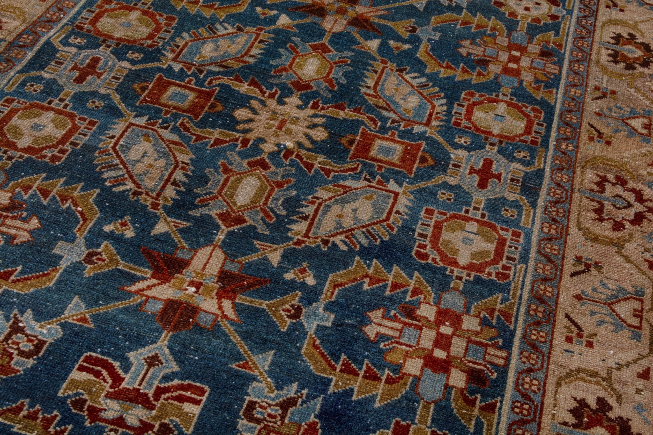 Persian Borujerd area rug in teal and tan, view 9 of 27