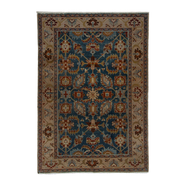 Persian Borujerd area rug in teal and tan, 4'4" x 6'9"