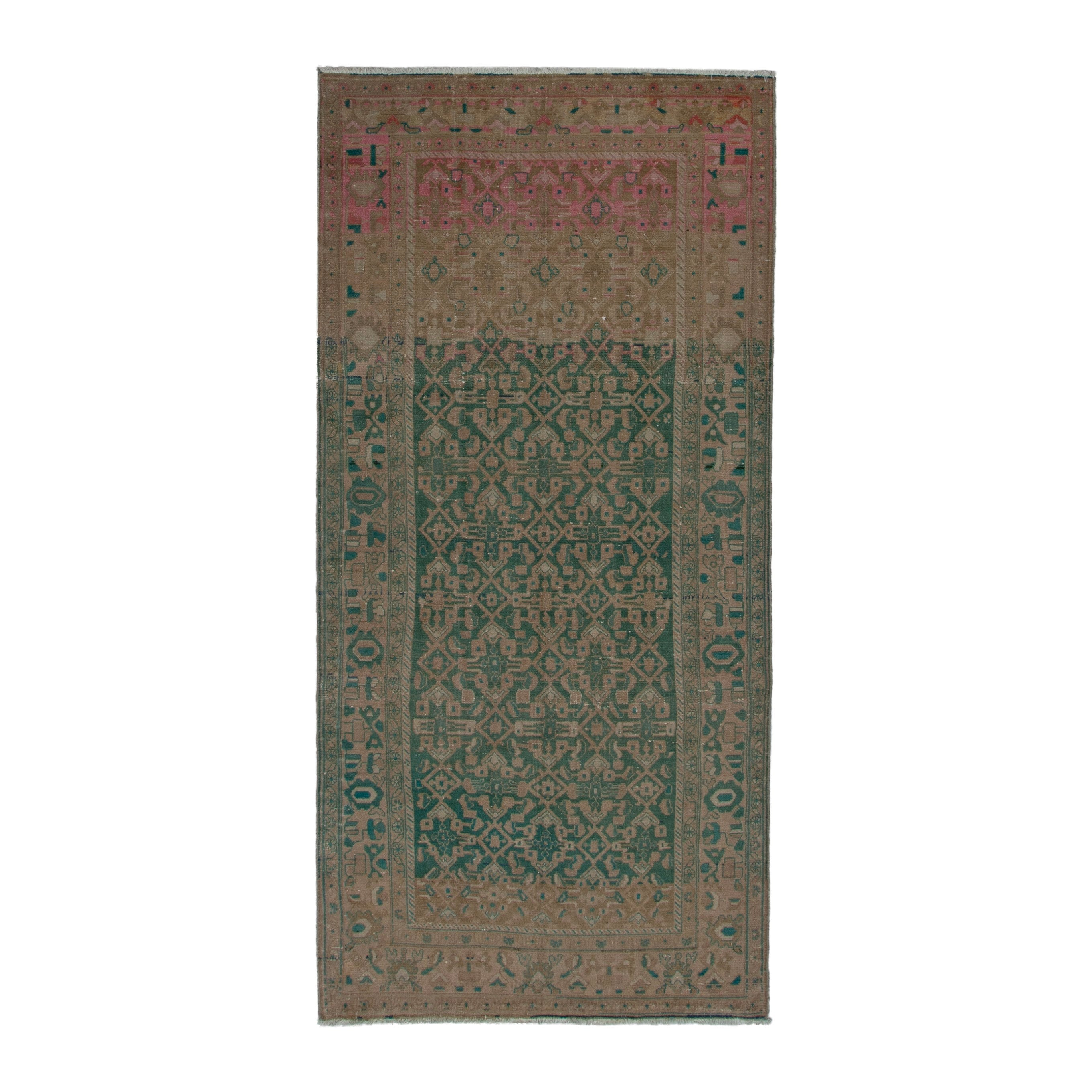 Persian Malayer area rug in teal and muted pink, 4'7" x 10'2"