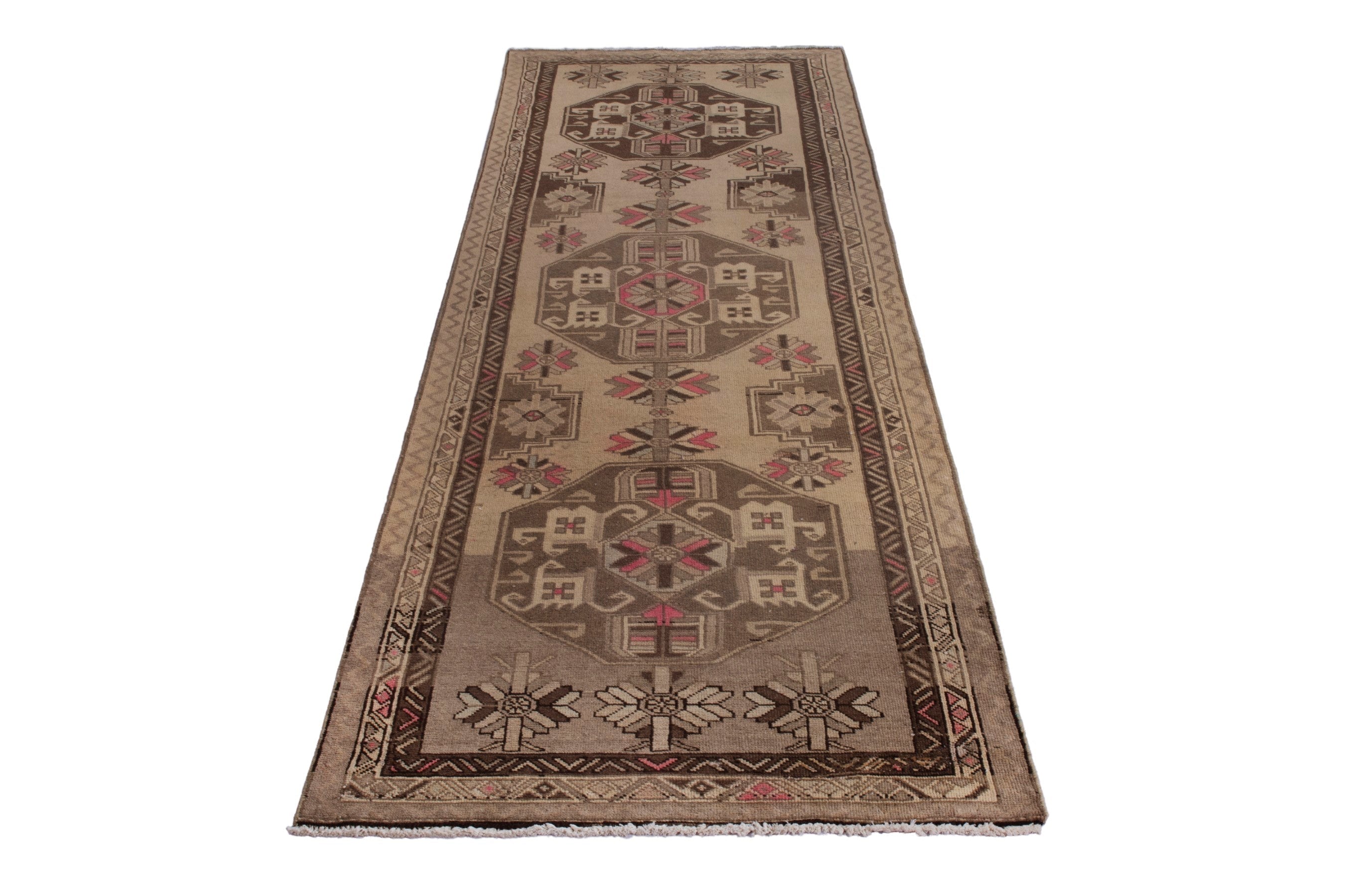 Persian Ardabil runner rug in beige and dark brown, view 2 of 25