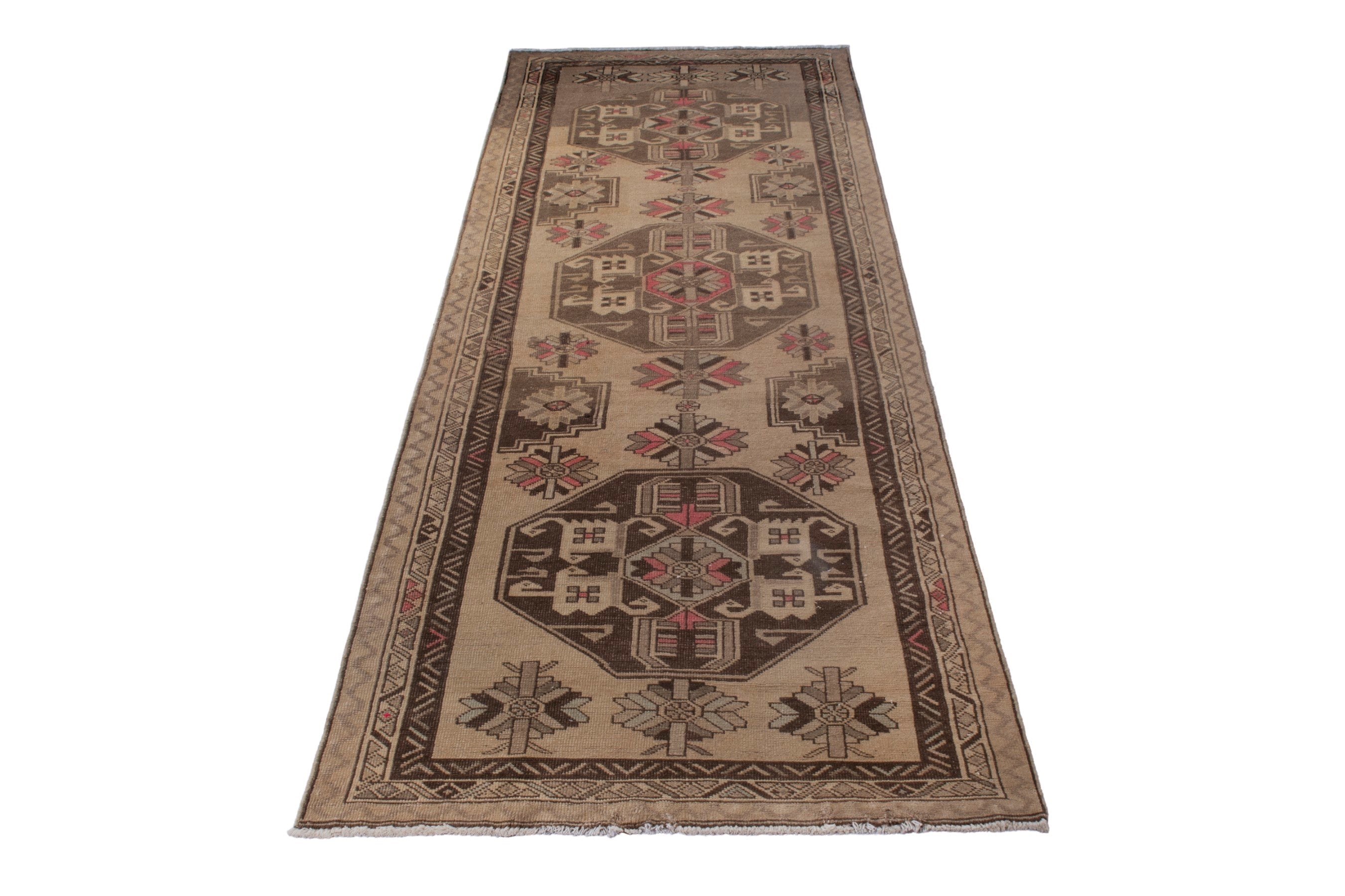 Persian Ardabil runner rug in beige and dark brown, view 3 of 25