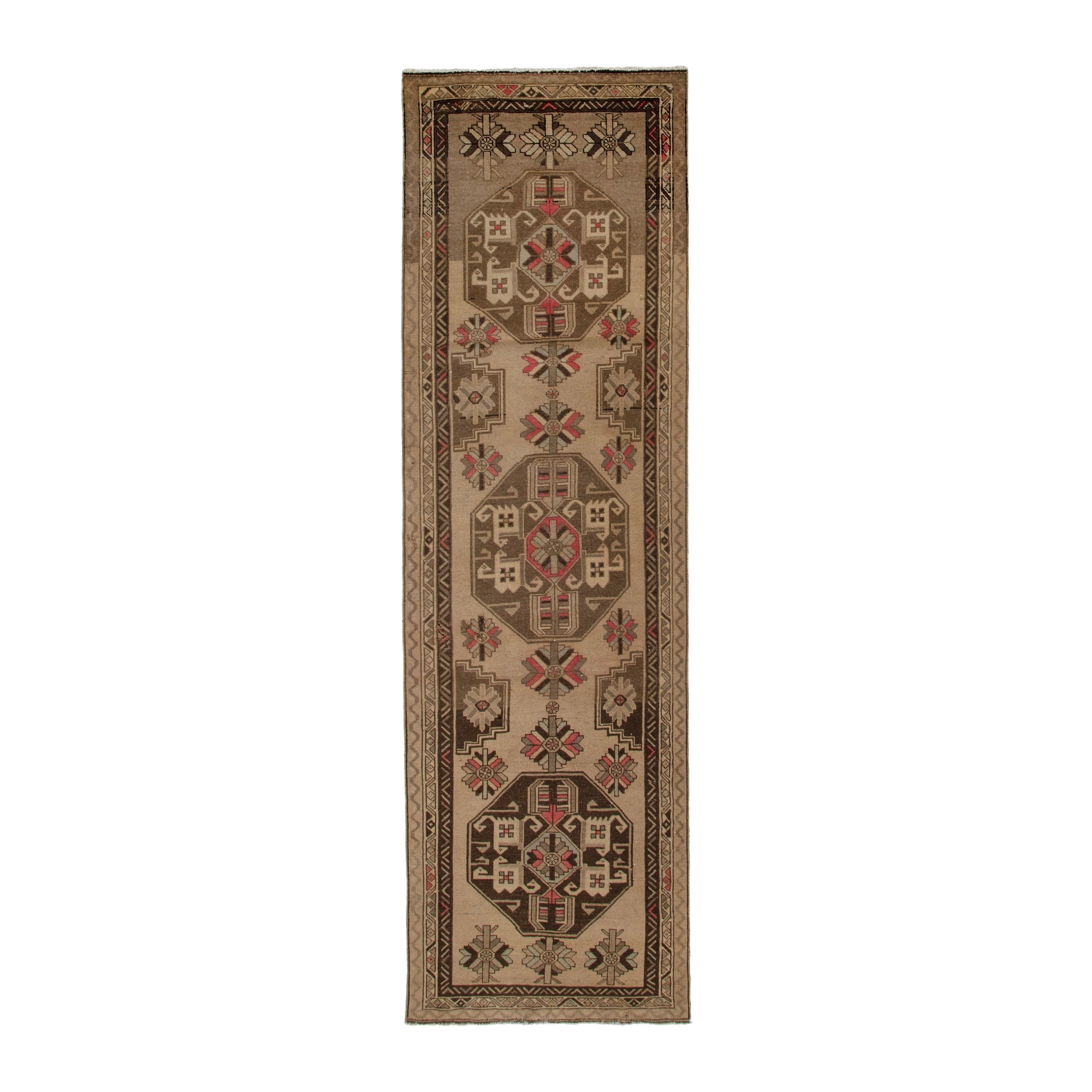Persian Ardabil runner rug in beige and dark brown, 3'8" x 13'5"