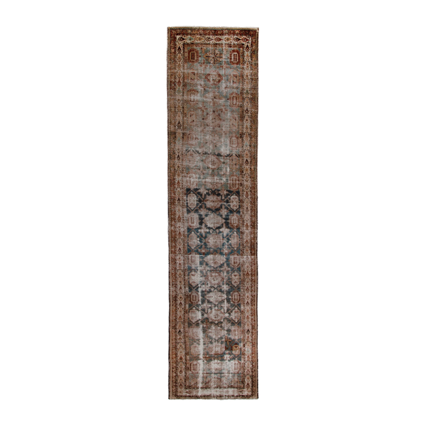 Persian Borujerd runner rug in dusty blue and greige, 3'5" x 16'1"