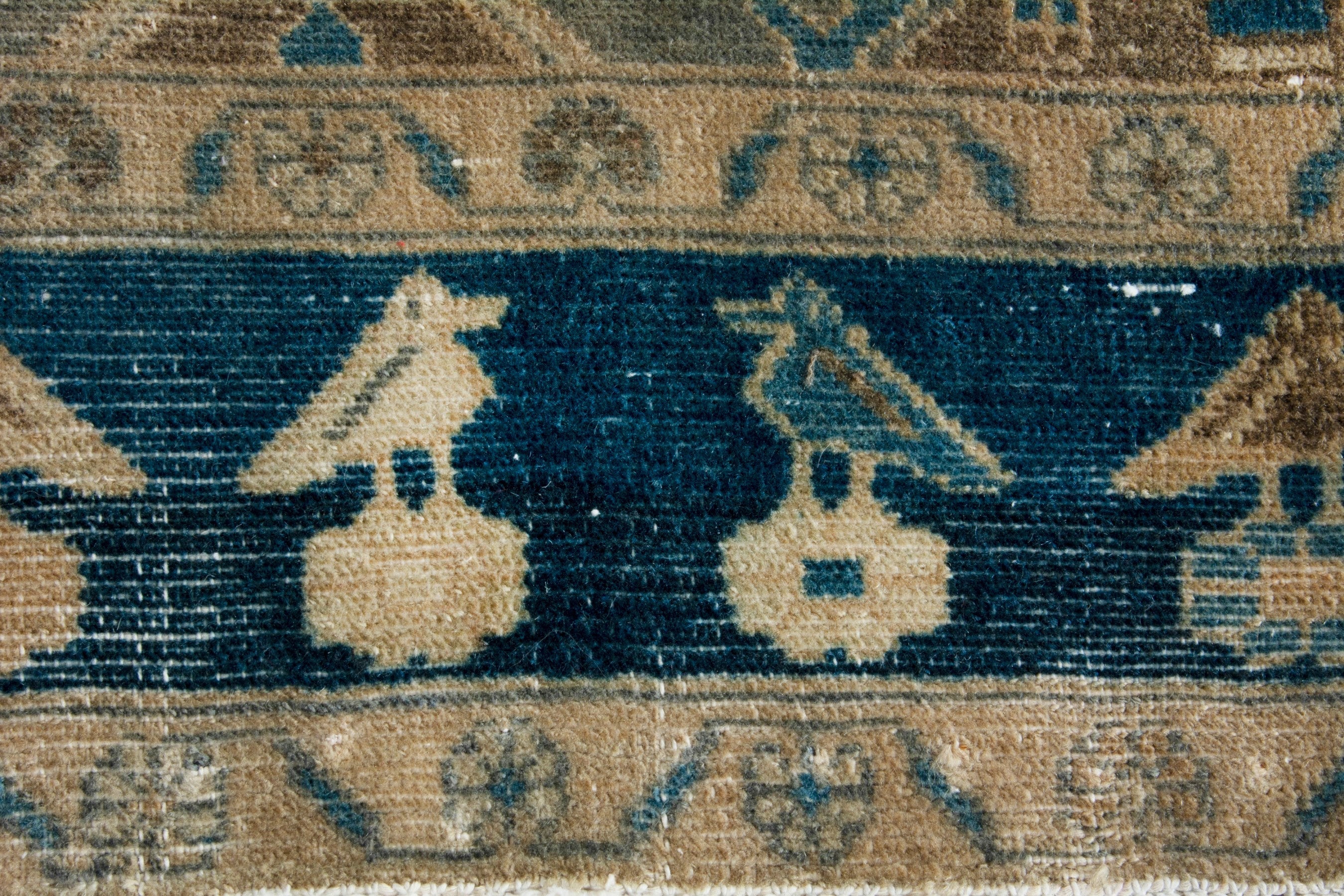 Persian Nahavand runner rug in tan and navy, view 10 of 19
