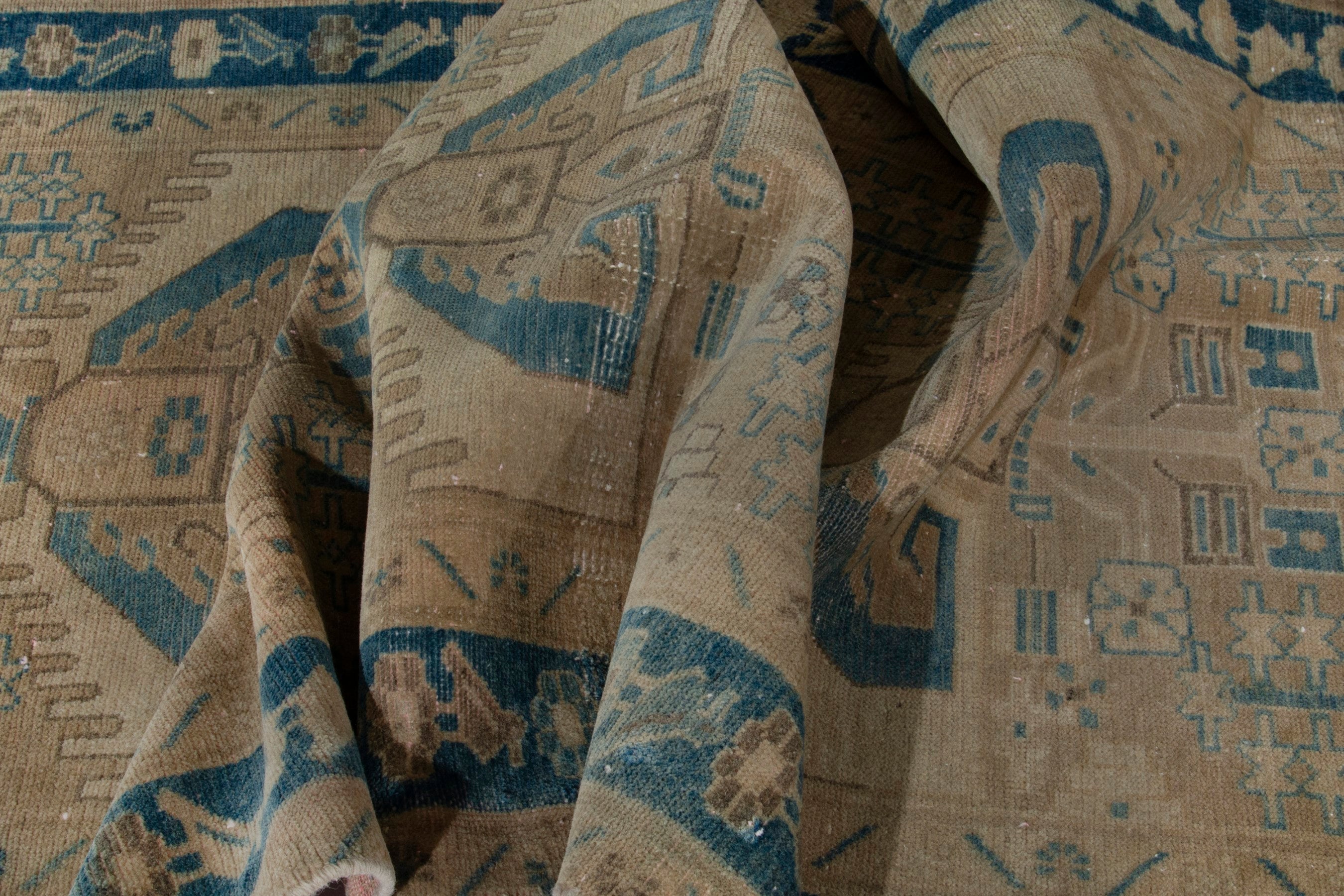 Persian Nahavand runner rug in tan and navy, view 14 of 19
