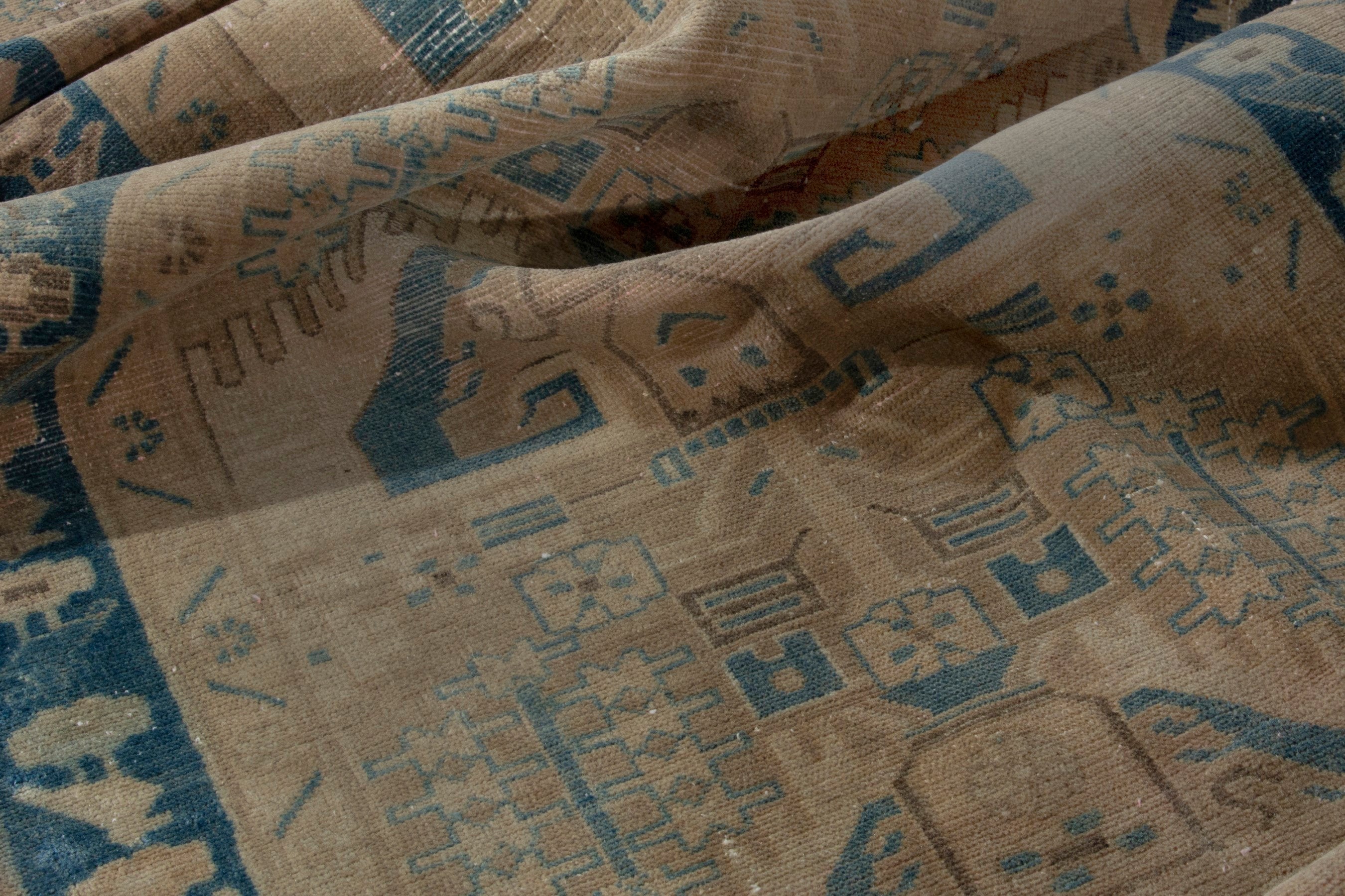 Persian Nahavand runner rug in tan and navy, view 15 of 19