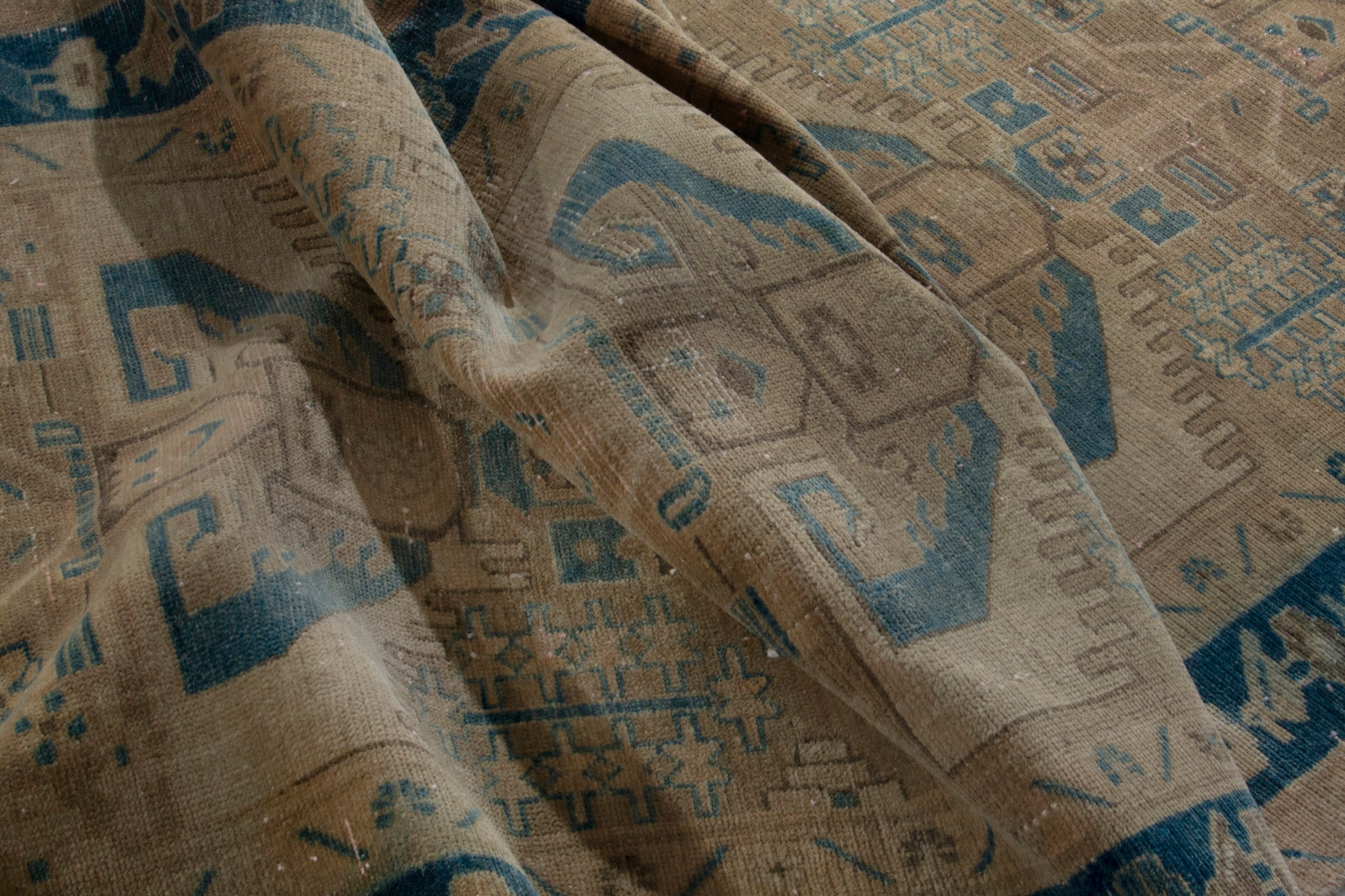 Persian Nahavand runner rug in tan and navy, view 16 of 19