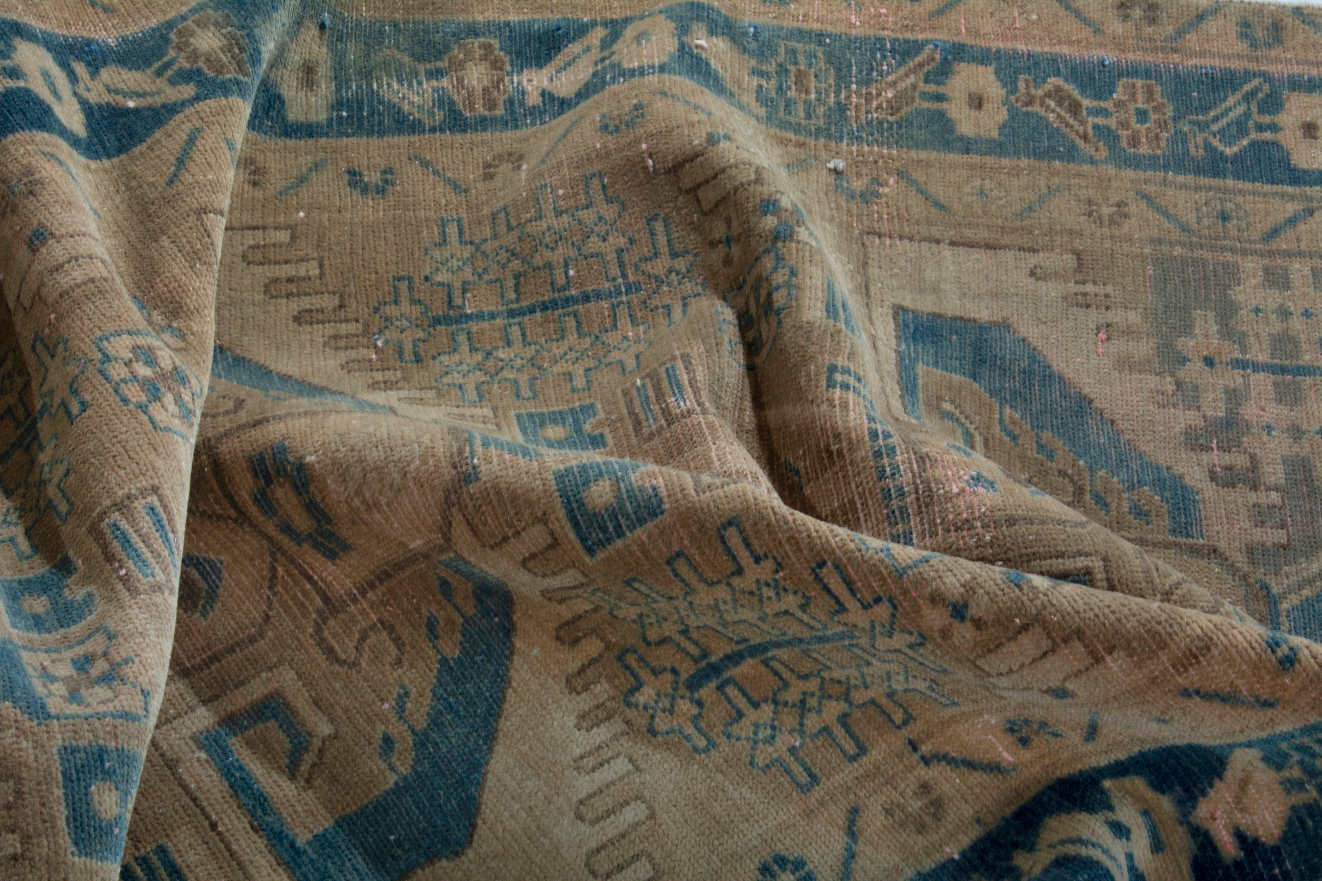 Persian Nahavand runner rug in tan and navy, view 17 of 19
