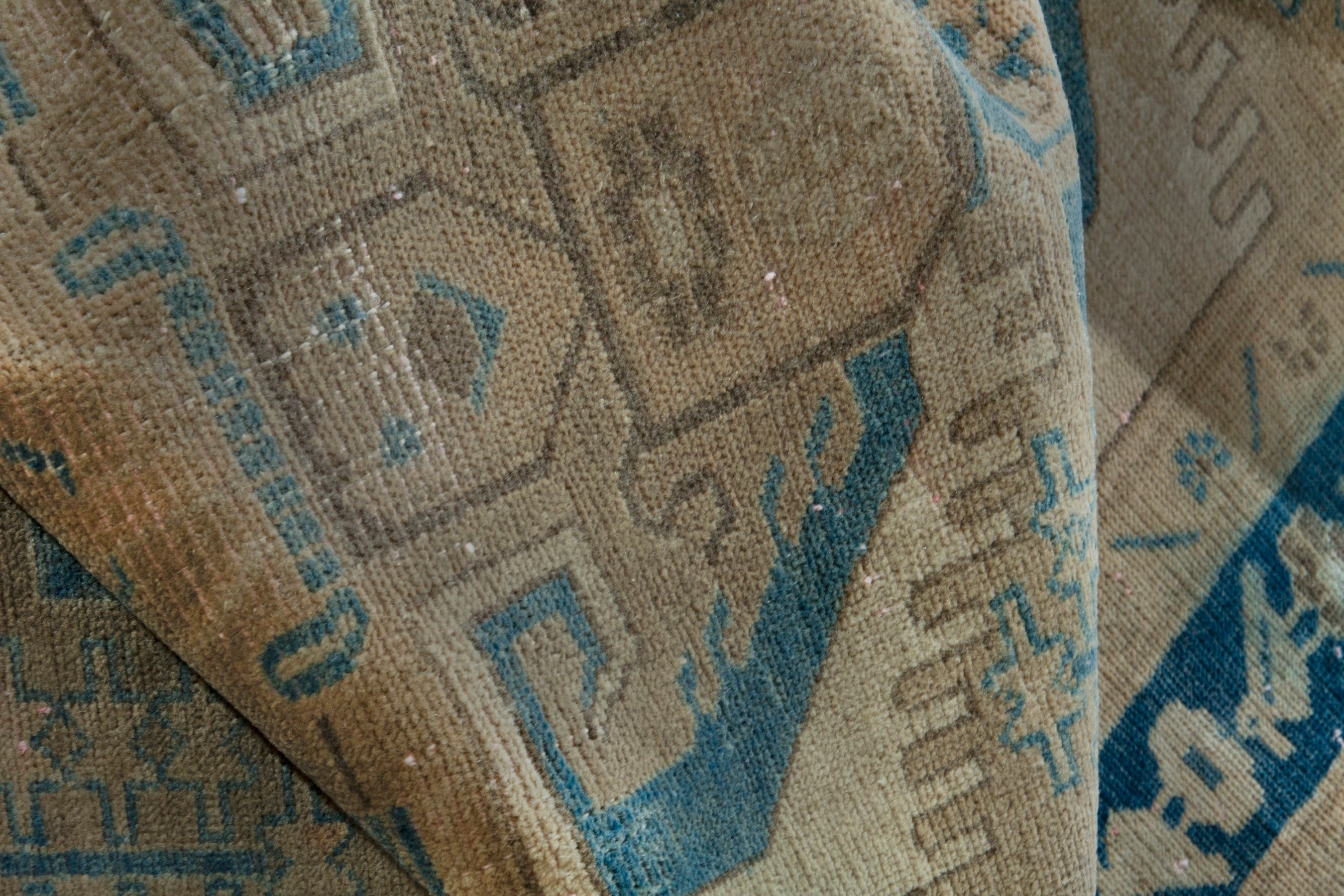 Persian Nahavand runner rug in tan and navy, view 18 of 19