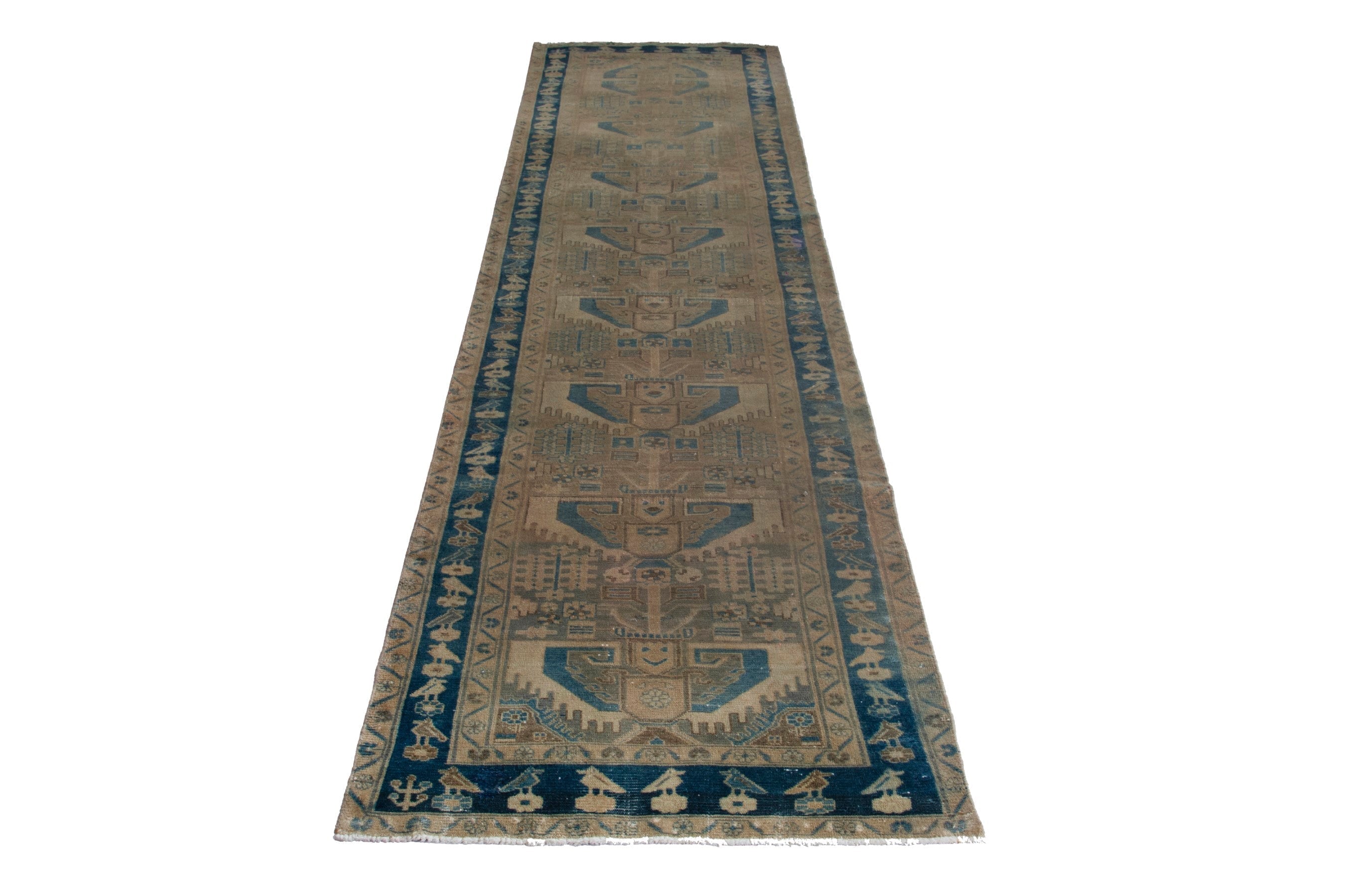 Persian Nahavand runner rug in tan and navy, view 2 of 19