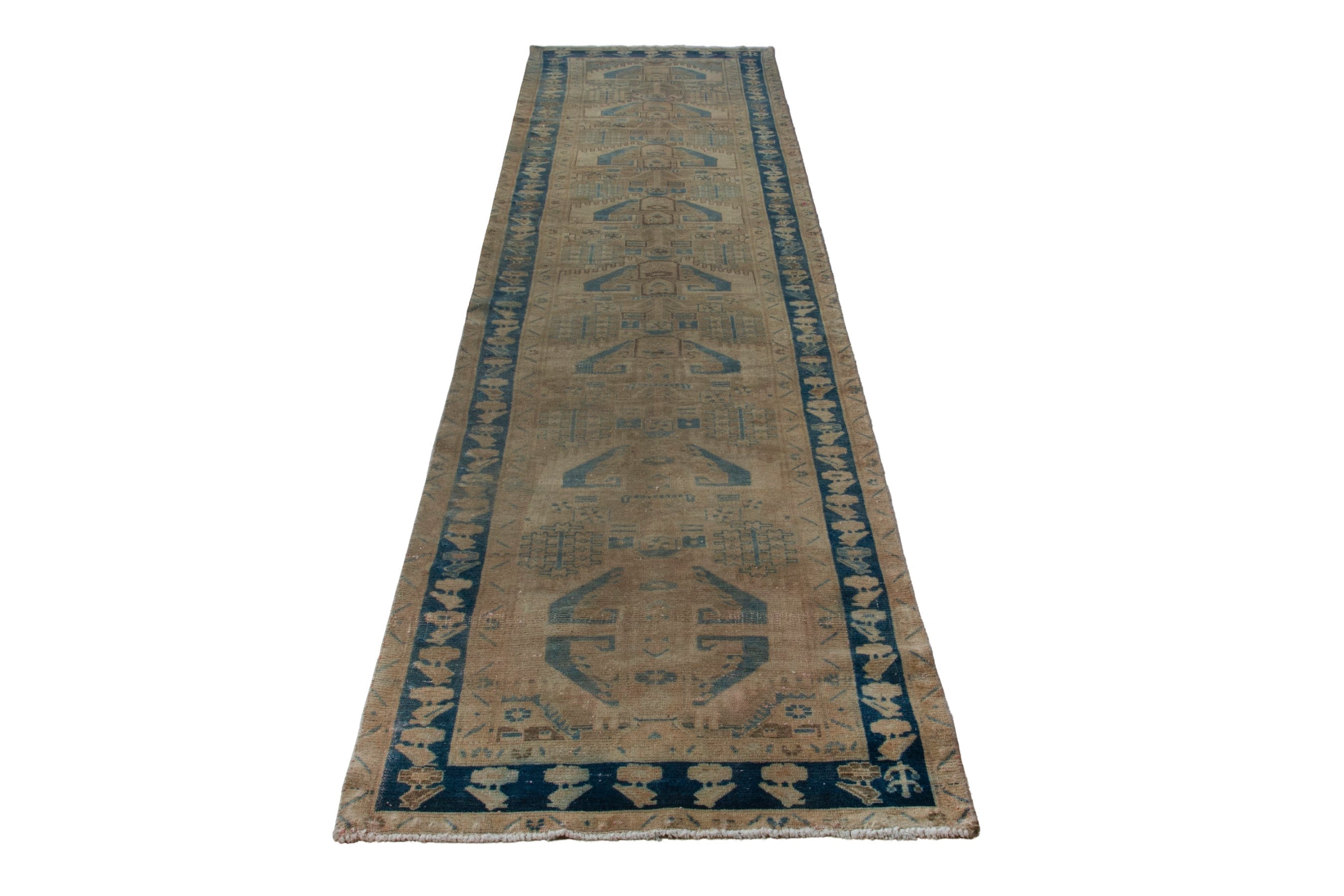 Persian Nahavand runner rug in tan and navy, view 3 of 19