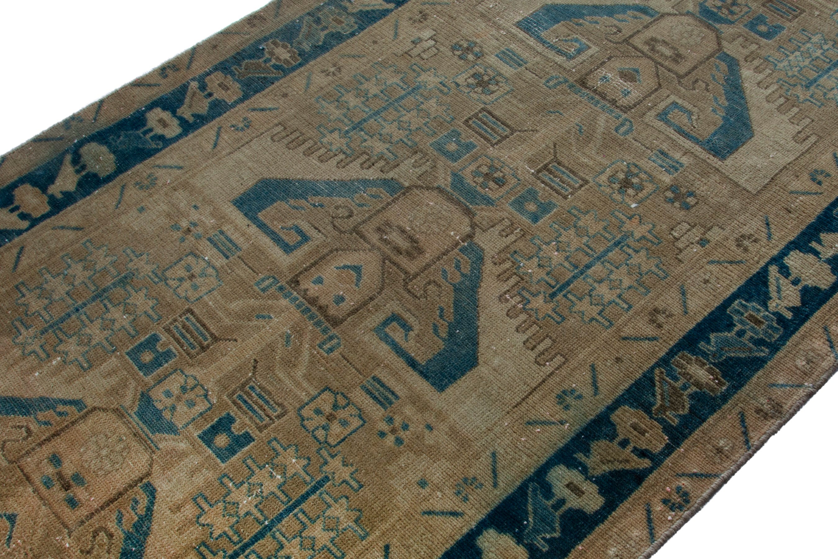 Persian Nahavand runner rug in tan and navy, view 6 of 19