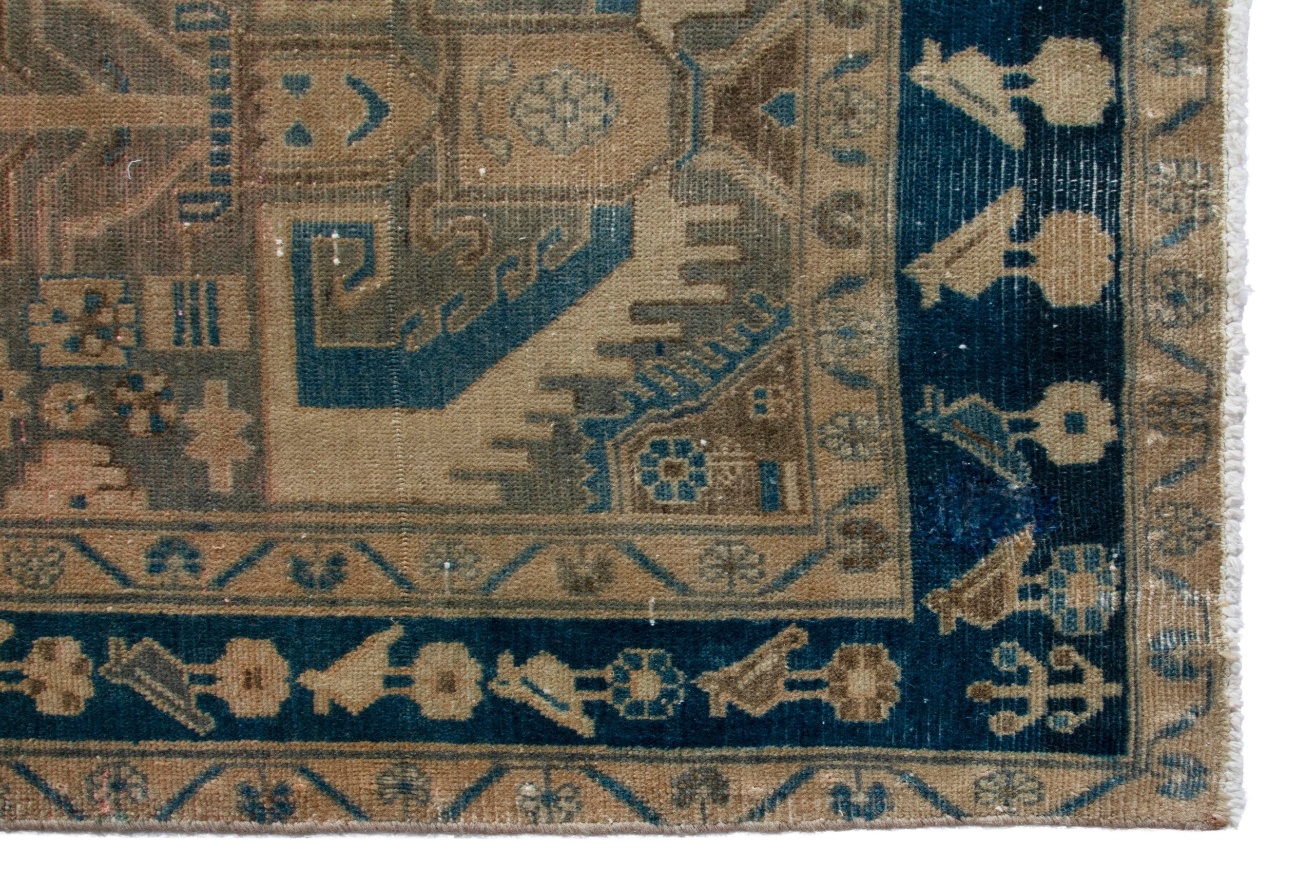 Persian Nahavand runner rug in tan and navy, view 5 of 19