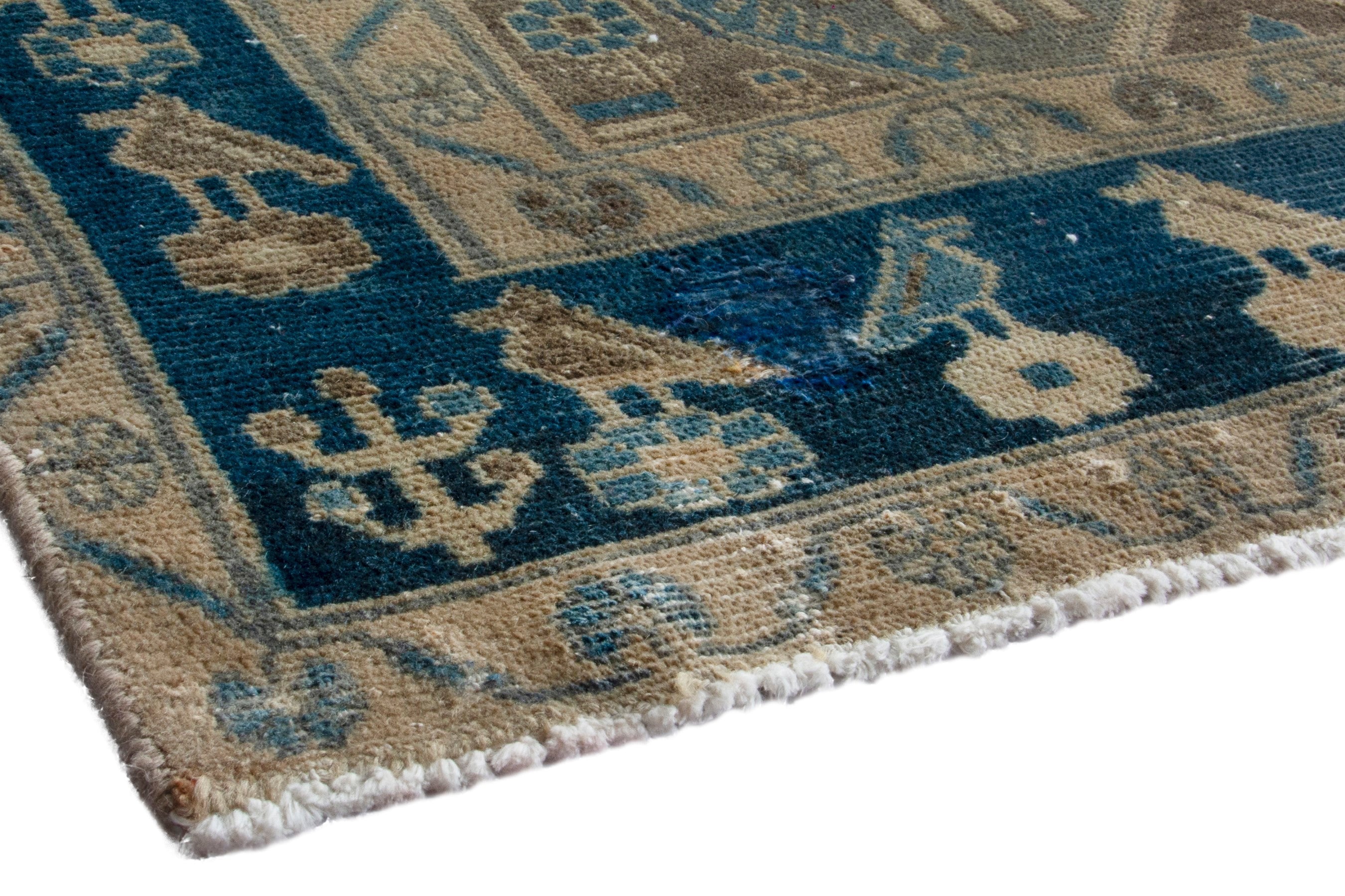 Persian Nahavand runner rug in tan and navy, view 4 of 19