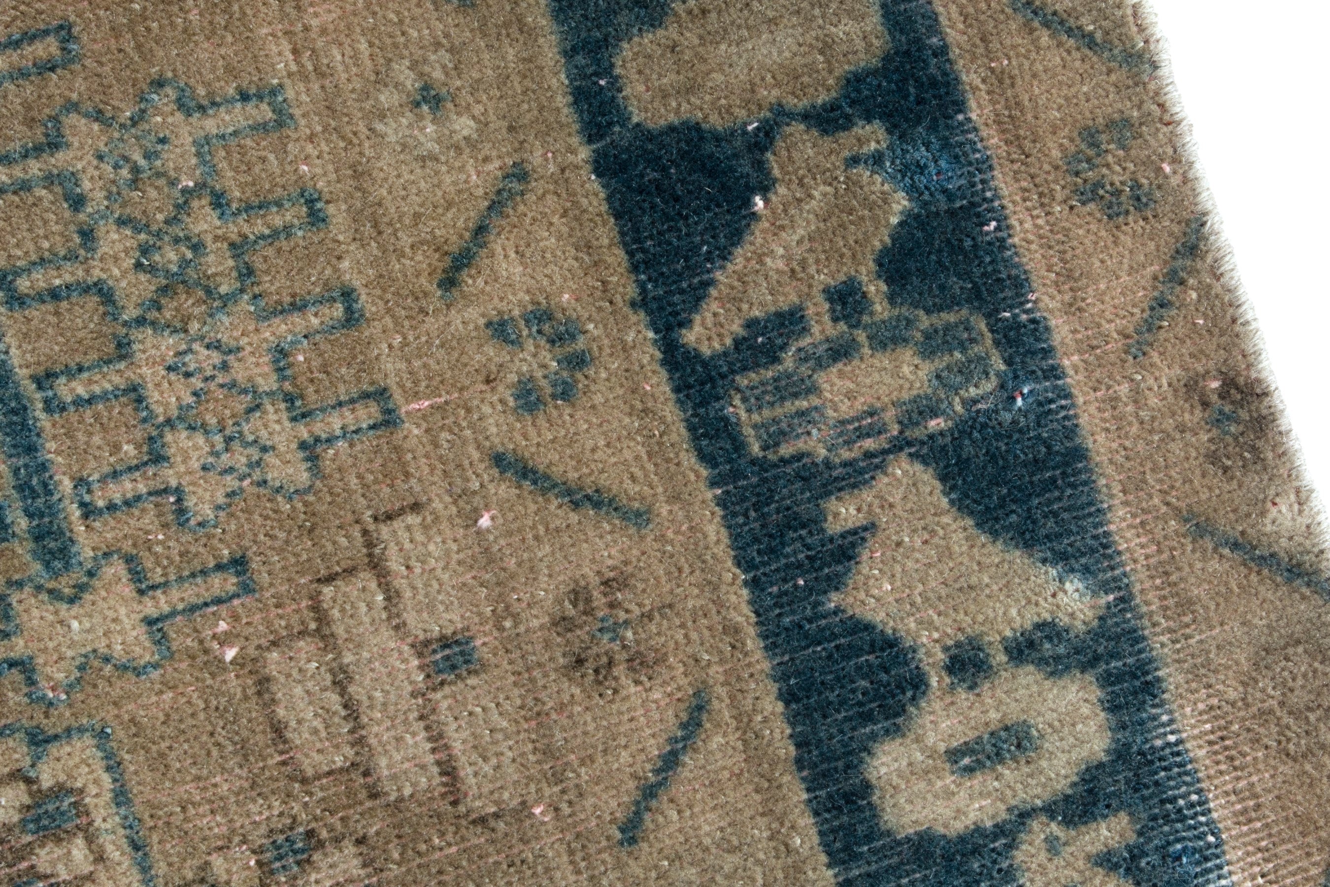 Persian Nahavand runner rug in tan and navy, view 7 of 19