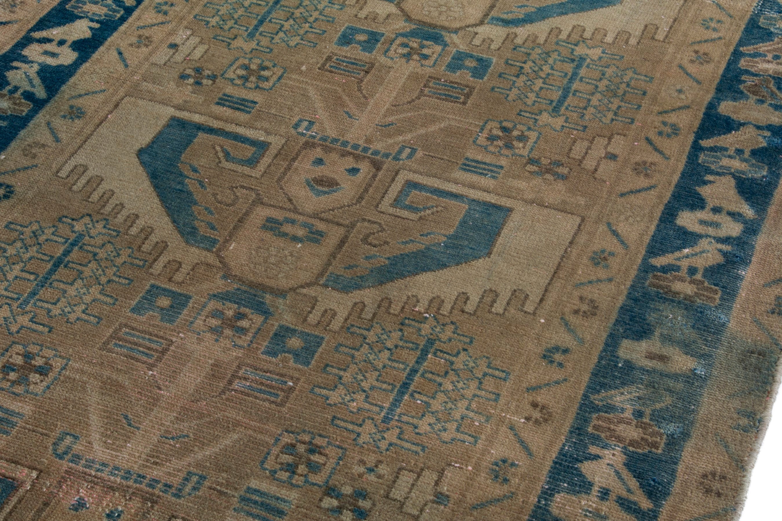 Persian Nahavand runner rug in tan and navy, view 9 of 19