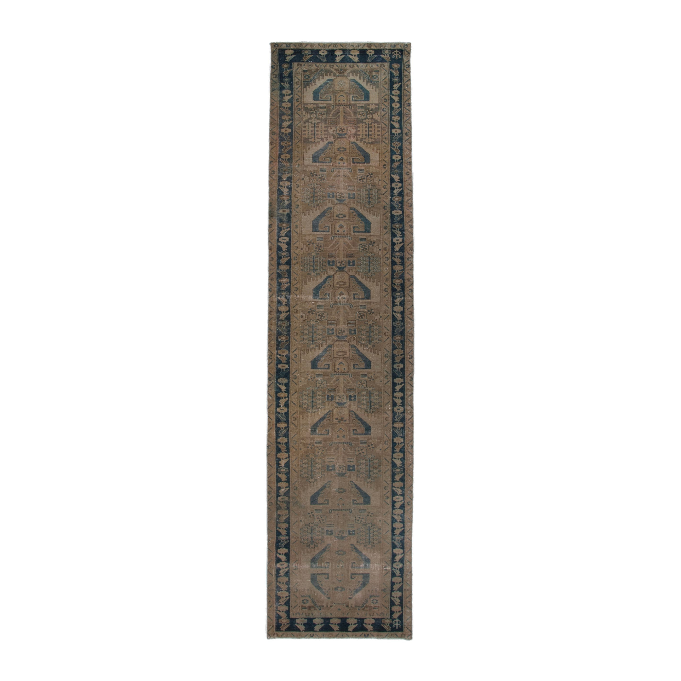 Persian Nahavand runner rug in tan and navy, 3'8" x 16'6"