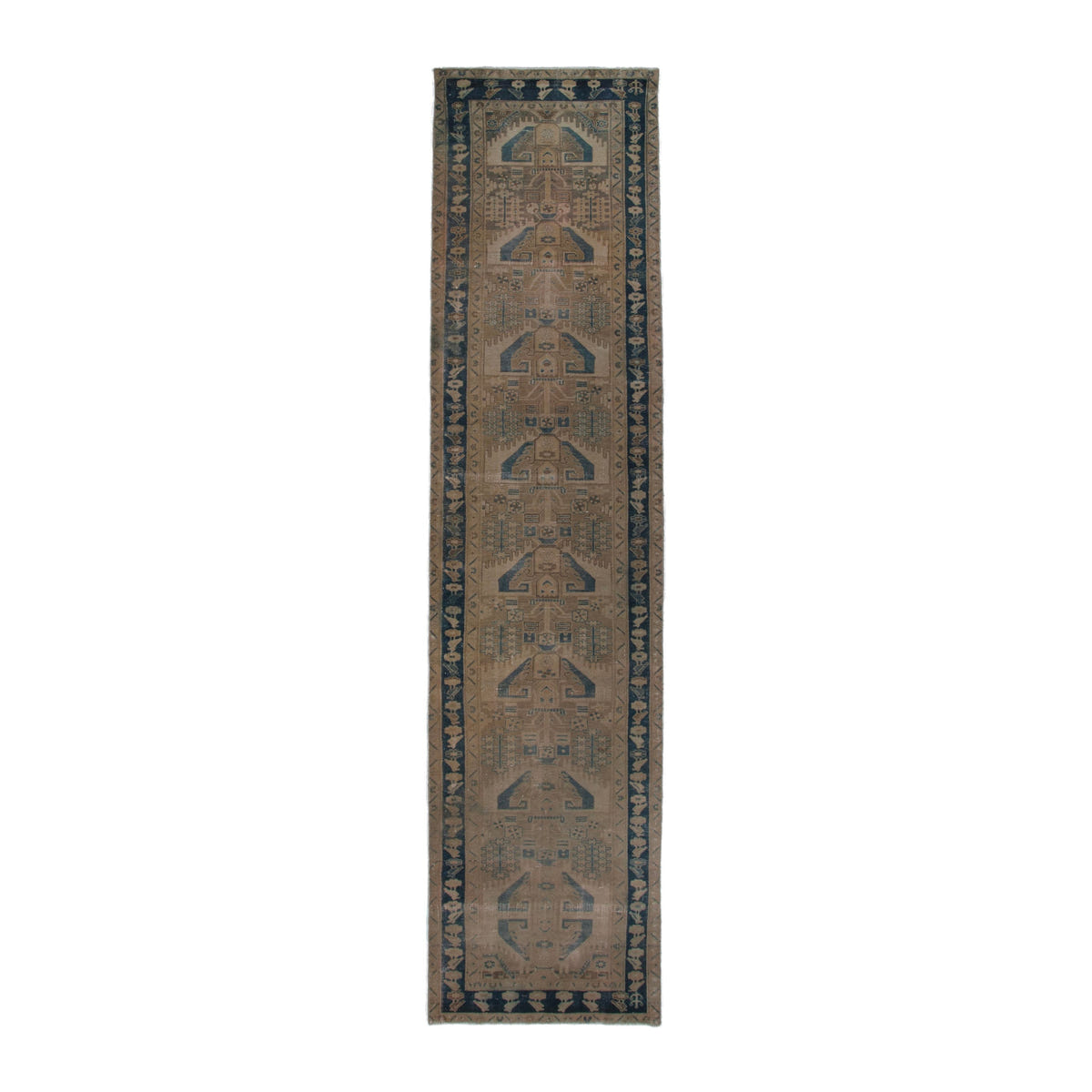 Persian Nahavand runner rug in tan and navy, 3'8" x 16'6"