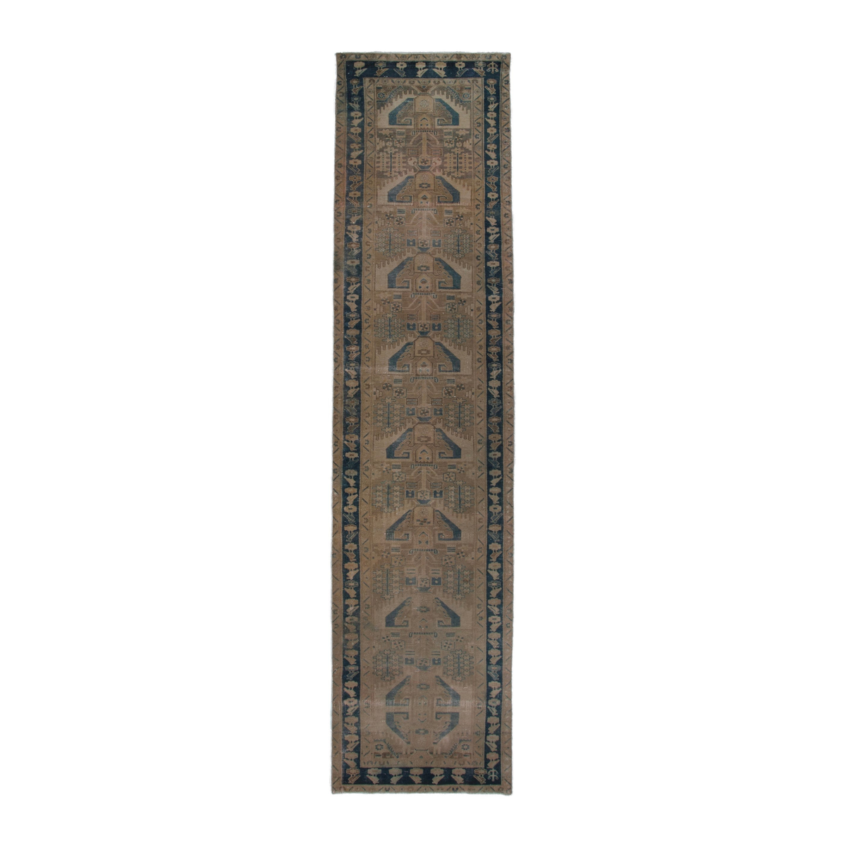 Persian Nahavand runner rug in tan and navy, 3'8" x 16'6"
