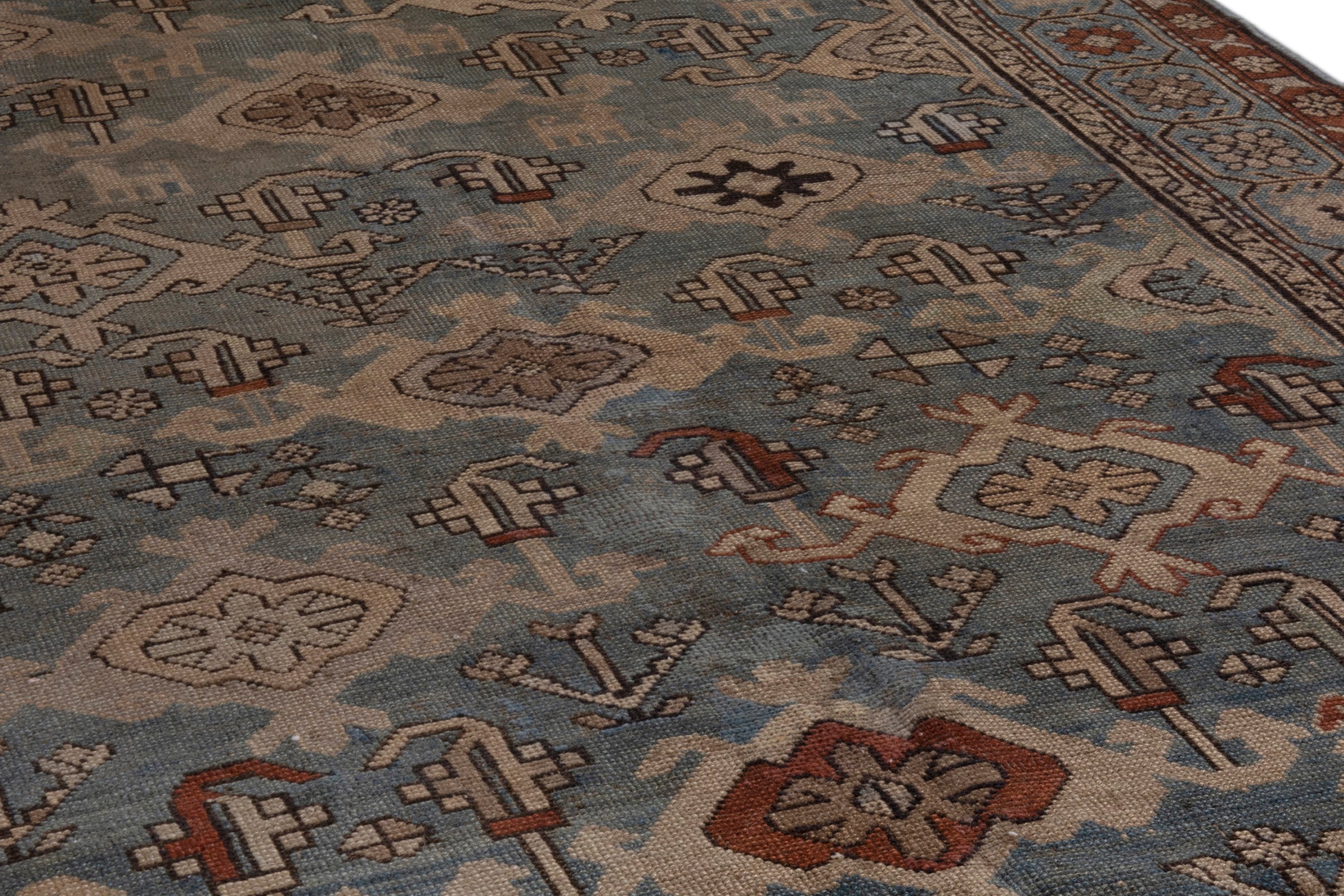 Persian Shiraz area rug in slate blue and brick, view 10 of 20