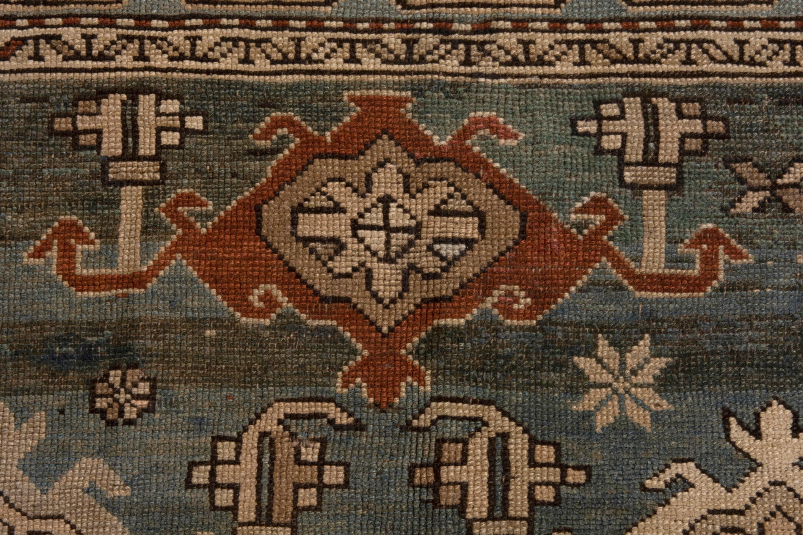 Persian Shiraz area rug in slate blue and brick, view 16 of 20